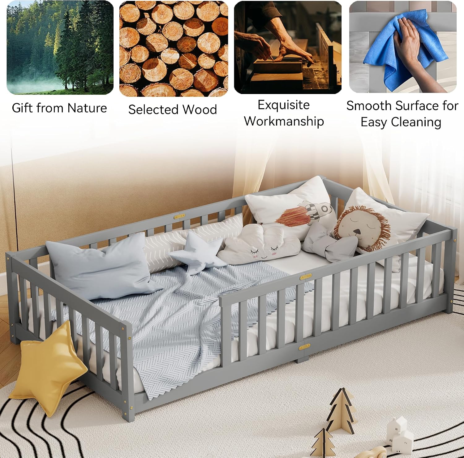 Twin Size Floor Bed, Wooden Montessori Bed Frame for Kids, Twin Size Bed Frame with Rails for Kids, Boys and Girls, No Box Spring Needed, Grey