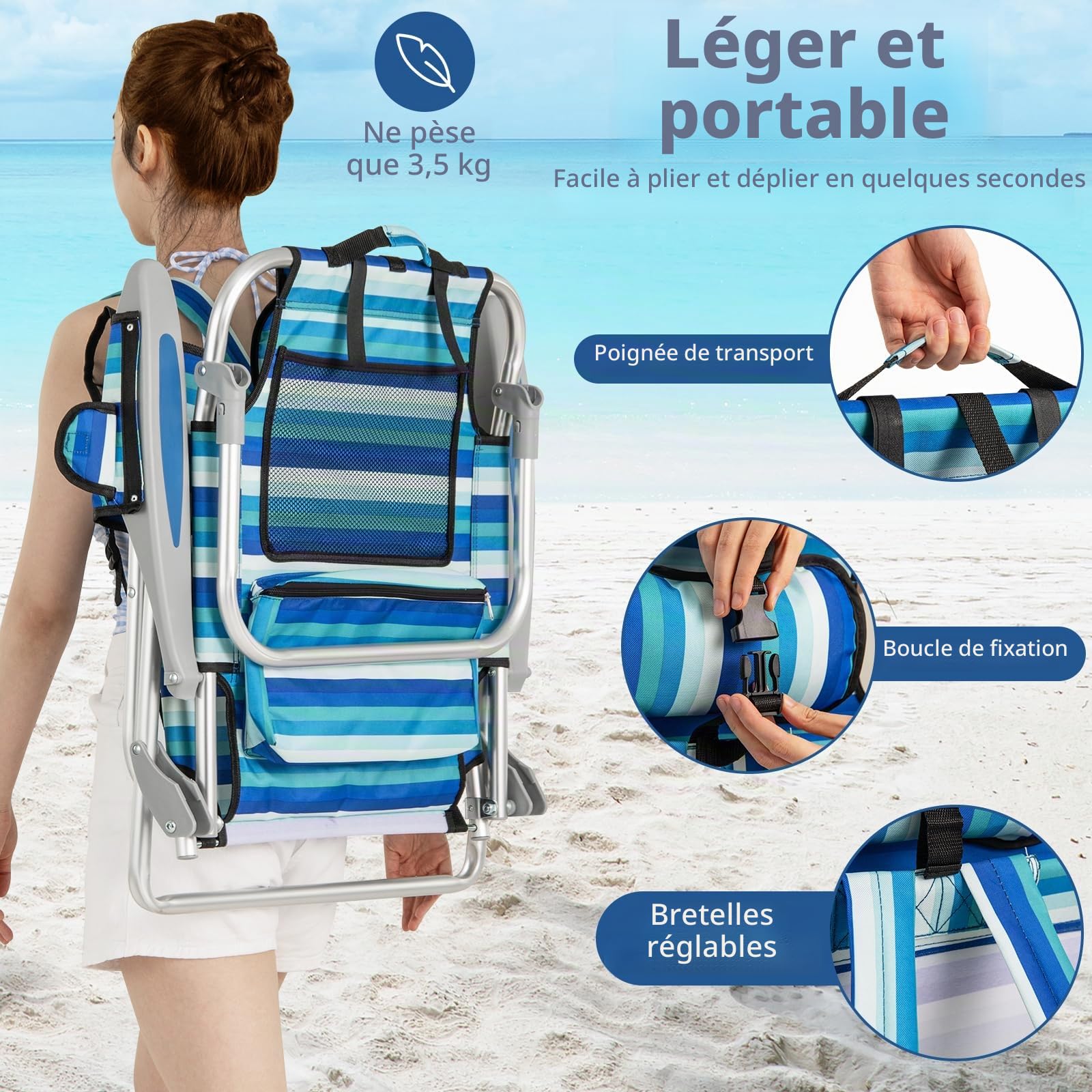KOMFOTTEU Chaises de Plage Pliables, Dossier réglable en 4 Positions, Fauteil de Plage avec Appui-tête, Chaise de Camping avec Poches latérales & Porte-Serviette, Charge de 150 kg, Bleu (1)