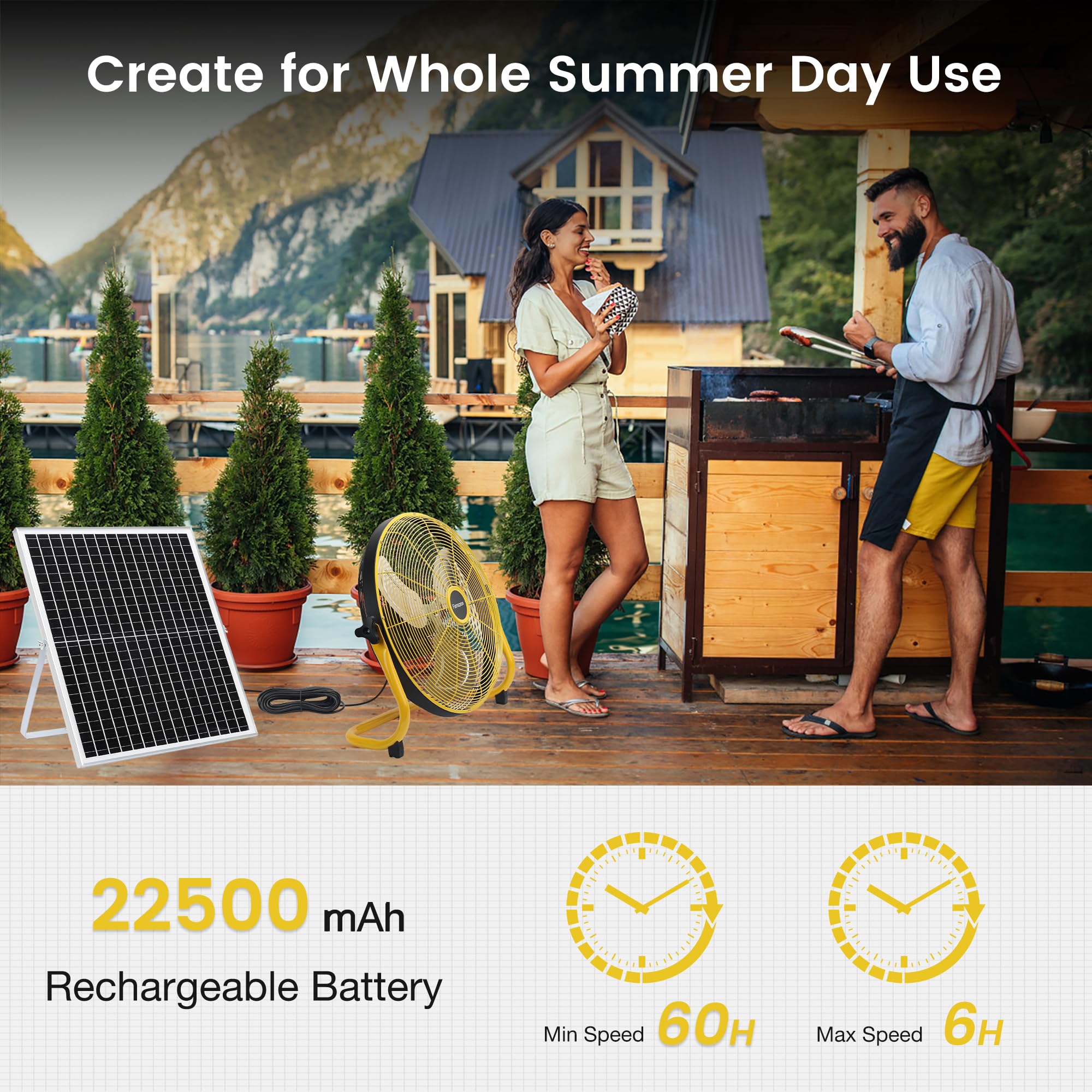 Fanspex Ventilatore da pavimento ricaricabile a energia solare da 45,7 cm, per esterni, 22500 mAh, con pannello solare da 35 W, per patio, gazebo, campeggio, inclinazione a 360° (flusso d'aria 5,8 m/s