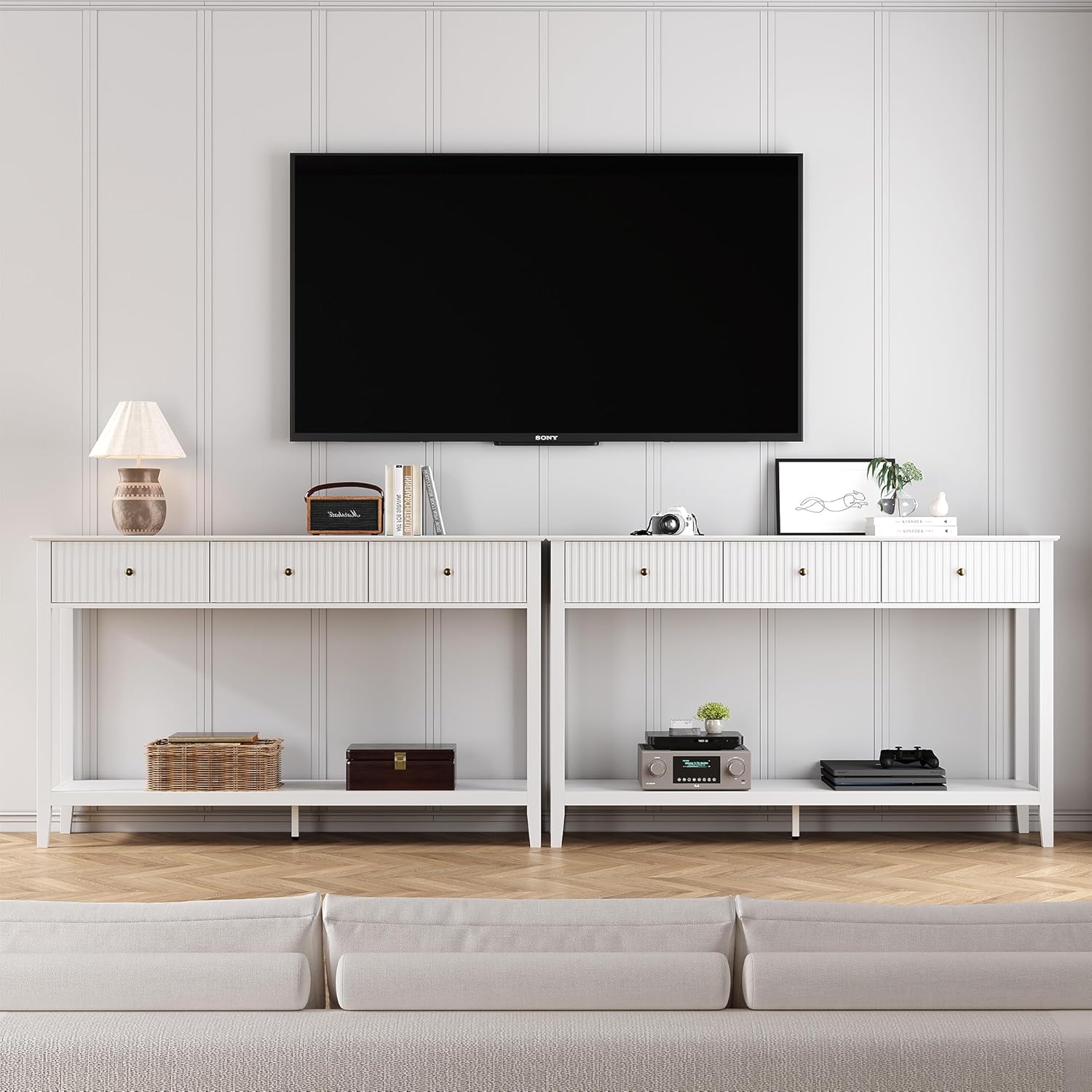 Fluted Entryway Table, Modern Console Table with 3 Drawers and Storage Shelf, Narrow Sofa Table Behind Couches for Living Room, Entryway, Hallway, White