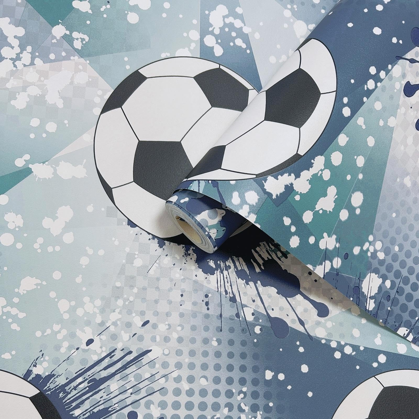 Sophie Laurence Boys Navy Teal Navy Football Frenzy Wallpaper Teal Kids Bedroom Playroom Feature Wall