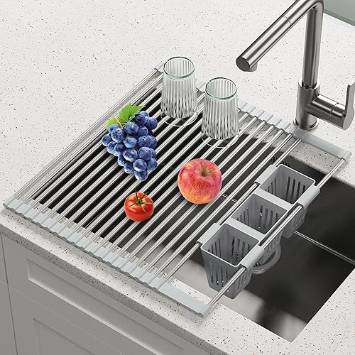 BBXTYLY Escurridor de platos enrollable con cesta de almacenamiento, cubierta sobre el fregadero, escurridor de platos plegable de acero inoxidable