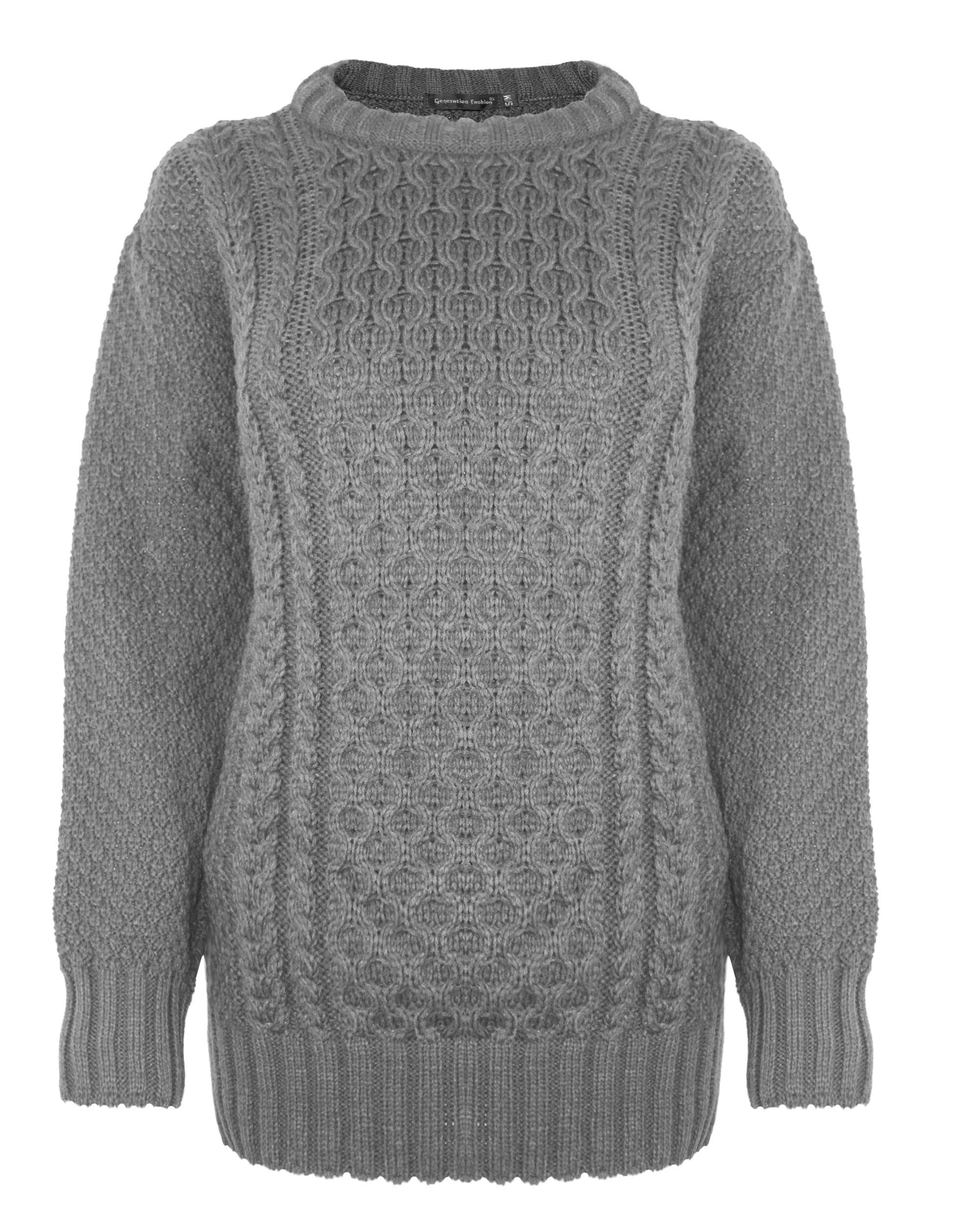 Generation Fashion New Ladies Women Aran Knit Long Sleeve Crew Neck Knitted Cable Jumper Sweater Pullover Top 8-30 (Charcoal,28-30)