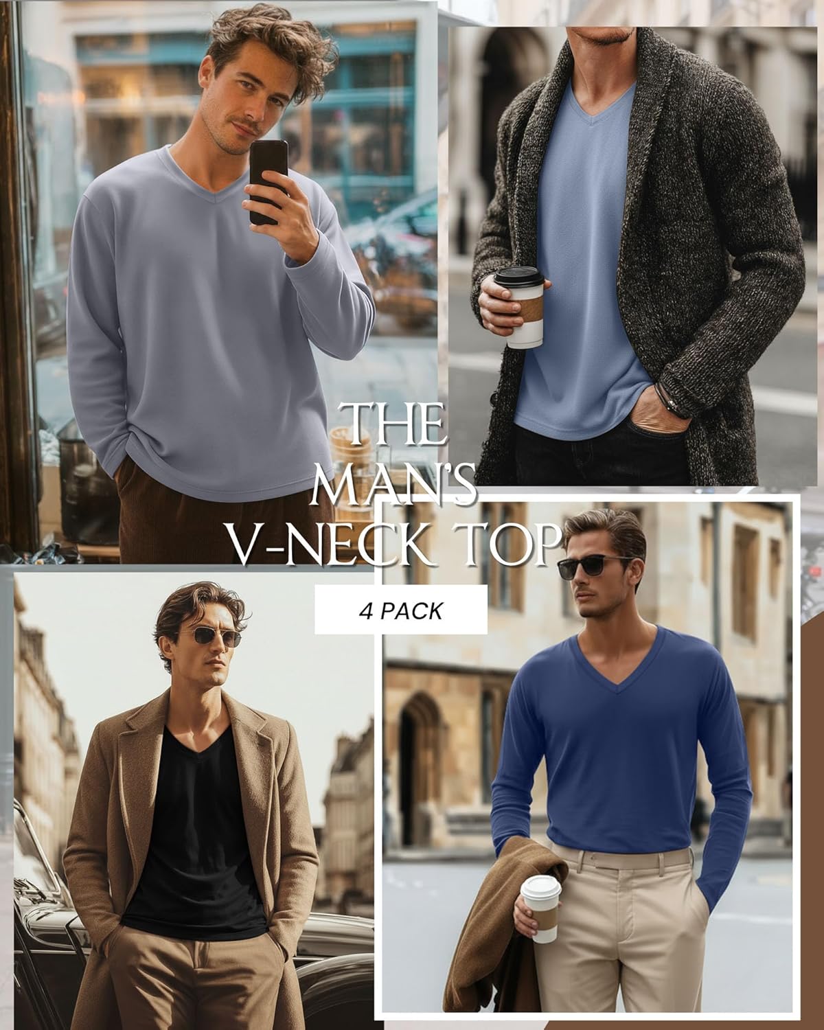 4 Pack Men's Thermal V Neck Shirts Fleece Lined Long Sleeve Sweatshirts Loose Fit Casual Winter Underwear Tops - Image 2