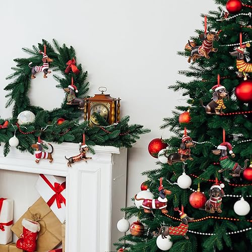 Miniatura 6 de Suzile 36 Pcs Christmas Ornaments Dachshund Wooden Dachshund Themed Christmas Tree Decorations with 11.8 Inch Red Ribbon