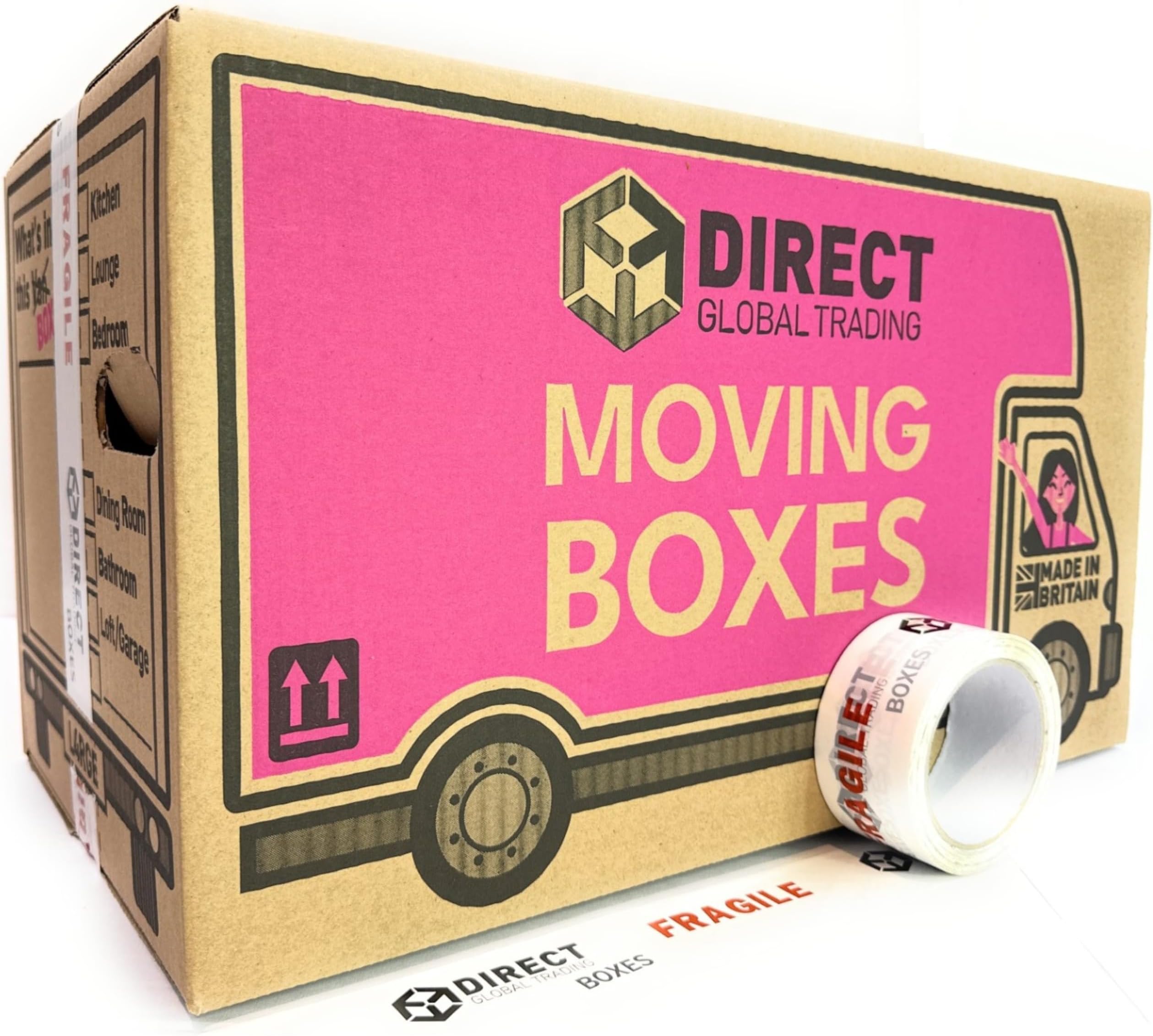 10 Strong Large Cardboard Storage Packing Moving House Boxes with Fragile Tape 52cm x 30cm x 30cm 47 Litres Carry Handles and Room List