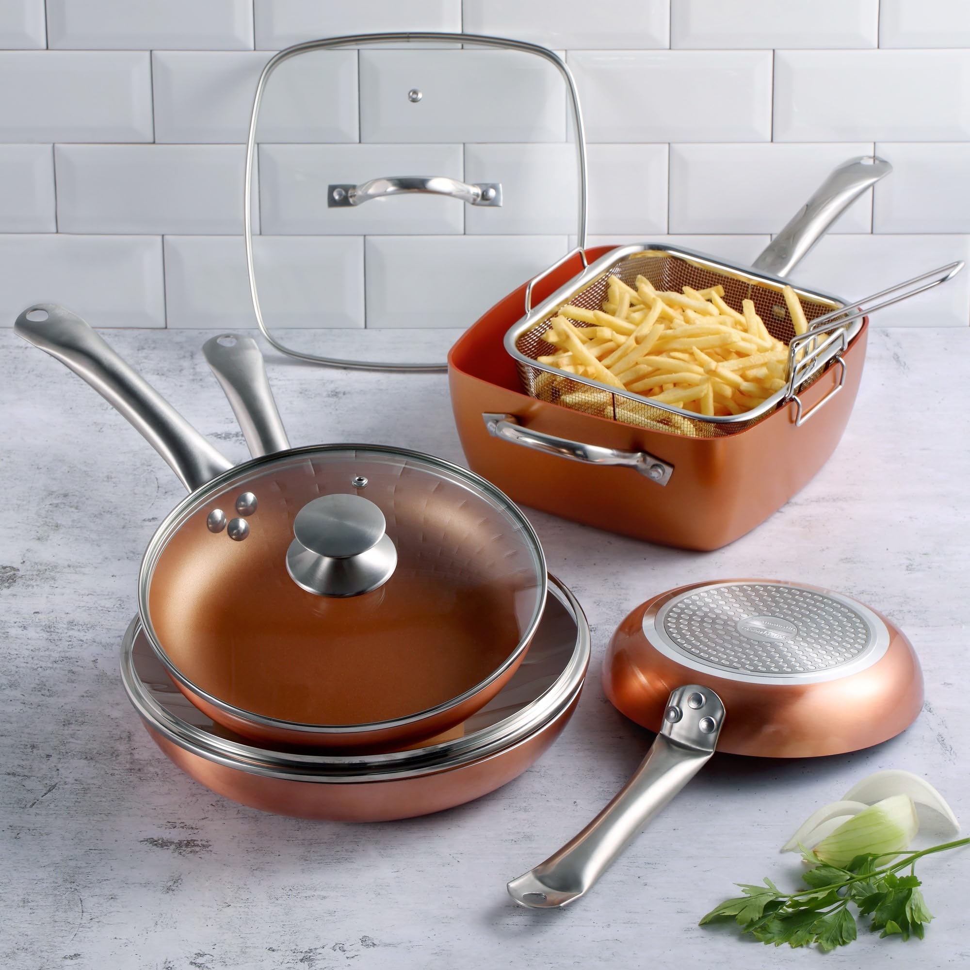 San Ignacio Optimum Copper | Sartén Antiadherente Cuadrada de 24 cm con Cesta de Freír | 5 funciones en 1 | Fabricada con Aluminio Prensado | Revestimiento Multiclad | Todo Tipo de Cocinas