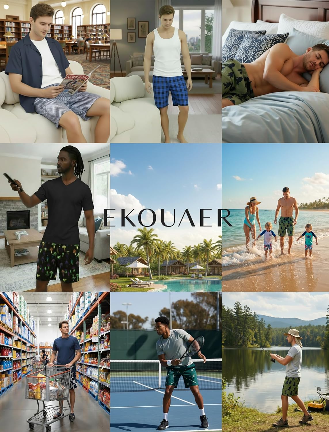 Ekouaer Men's Pajama Shorts Soft Sleepwear Bottoms Elastic Waistband Loungewear Breathable Men Shorts with Pockets - Image 6