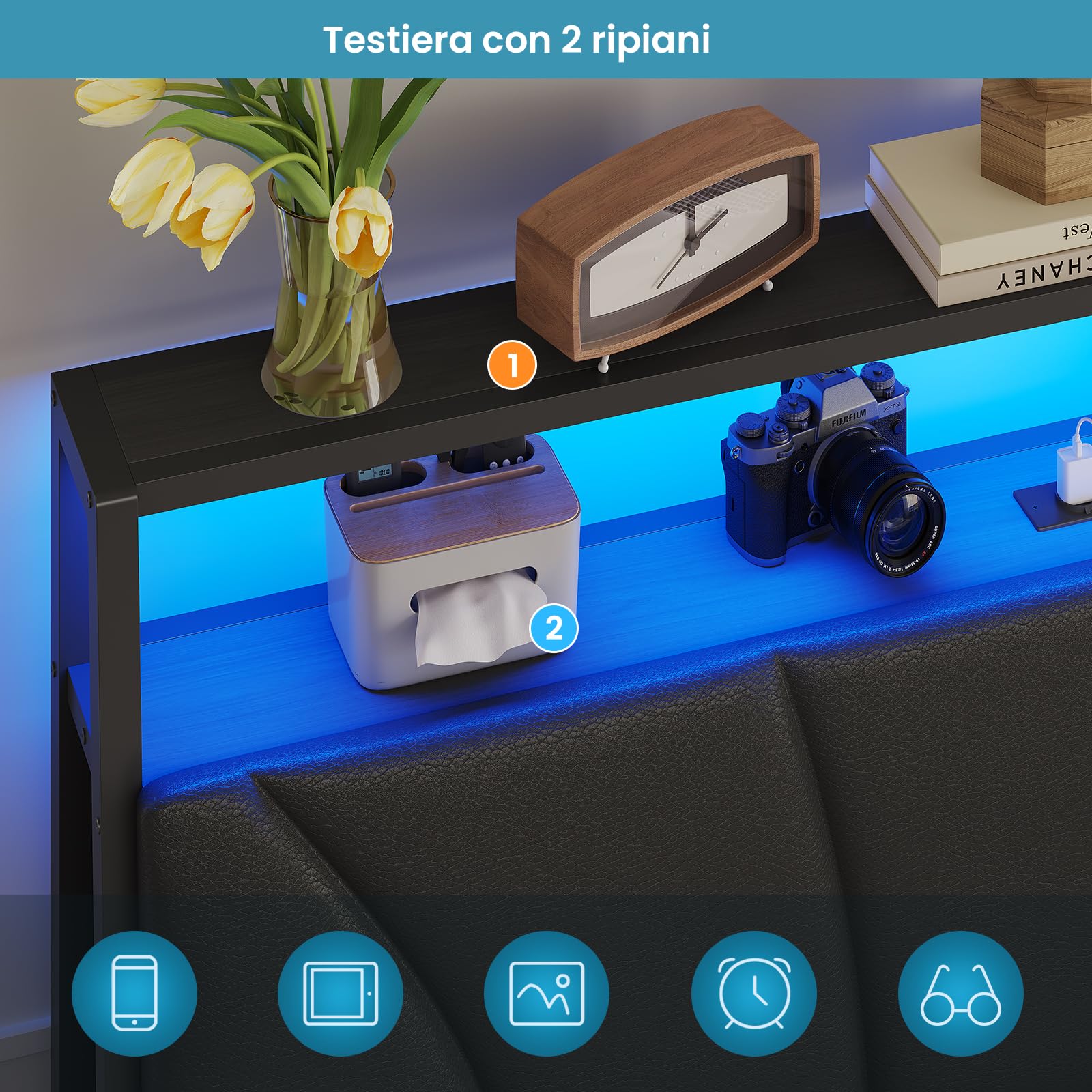 Brinlawb Letto Imbottito 160x200 cm, Struttura letto con Luce LED e Stazione di Ricarica (2 Prese CA 2 Porte USB) Letto Matrimoniale con testiera e pediera, Facile da montare, Moderno, Nero