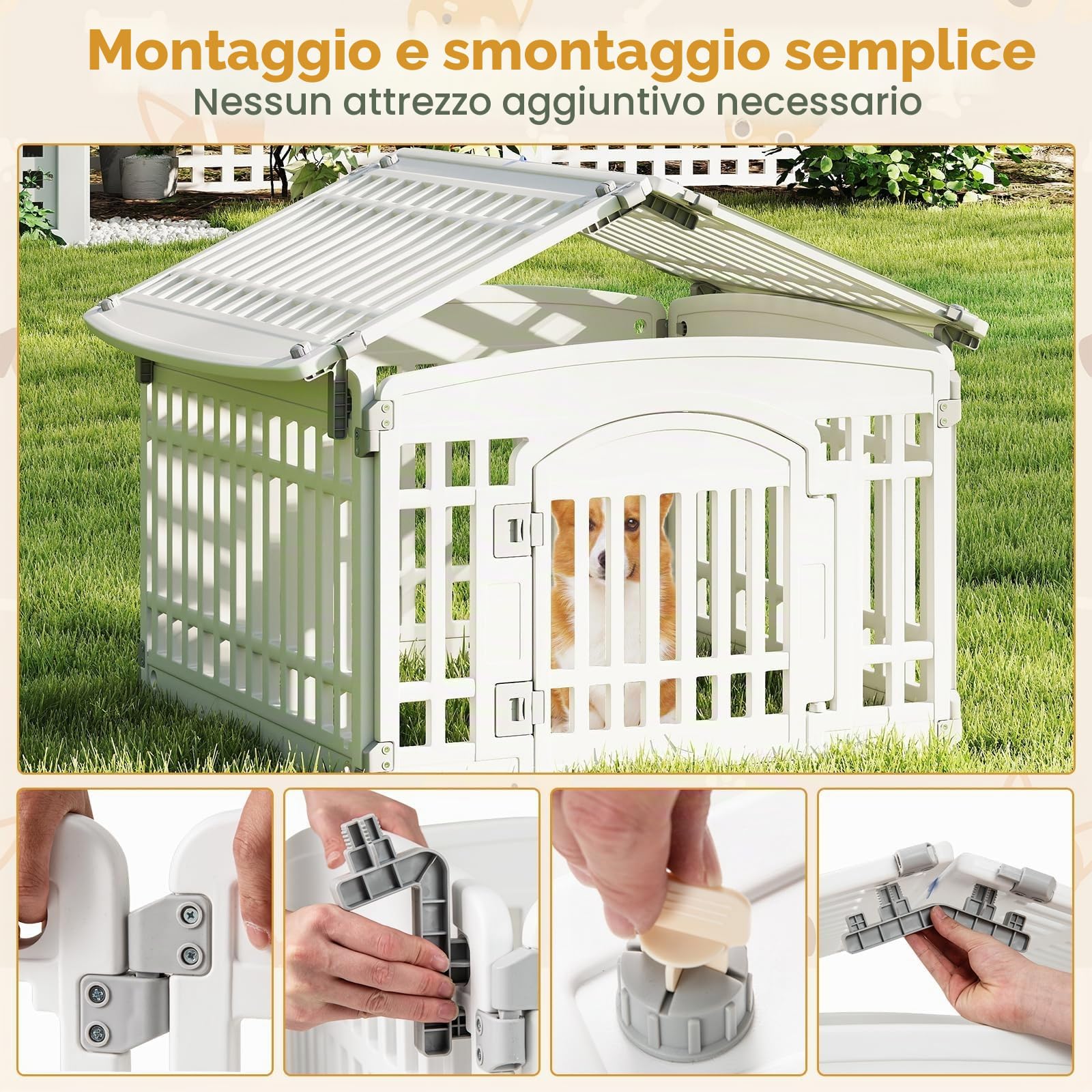 FANTASK Rastrelliera pieghevole per cani da esterno e interno, beccuccio per cani con porta a chiave e 6 pannelli, box per cuccioli in plastica, altezza 60 cm (bianco)