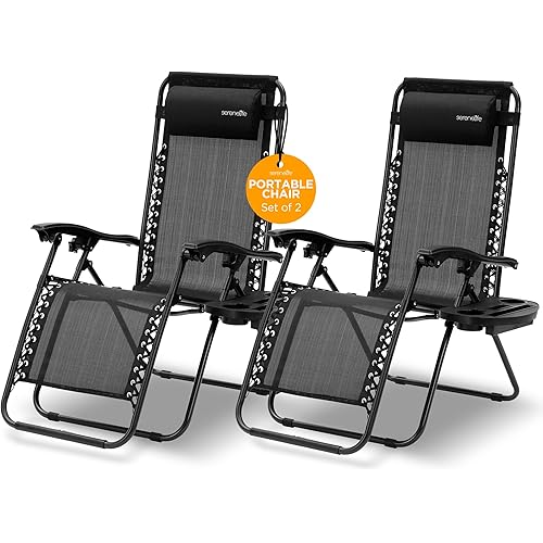 SereneLife Zero Gravity Outdoor Lounge Chairs 2 Pack – Folding Recliners with Side Table, Cup Holder & Padded Headrest – Adjustable Patio Chairs for Lawn, Garden, Deck, Camping (Black)
