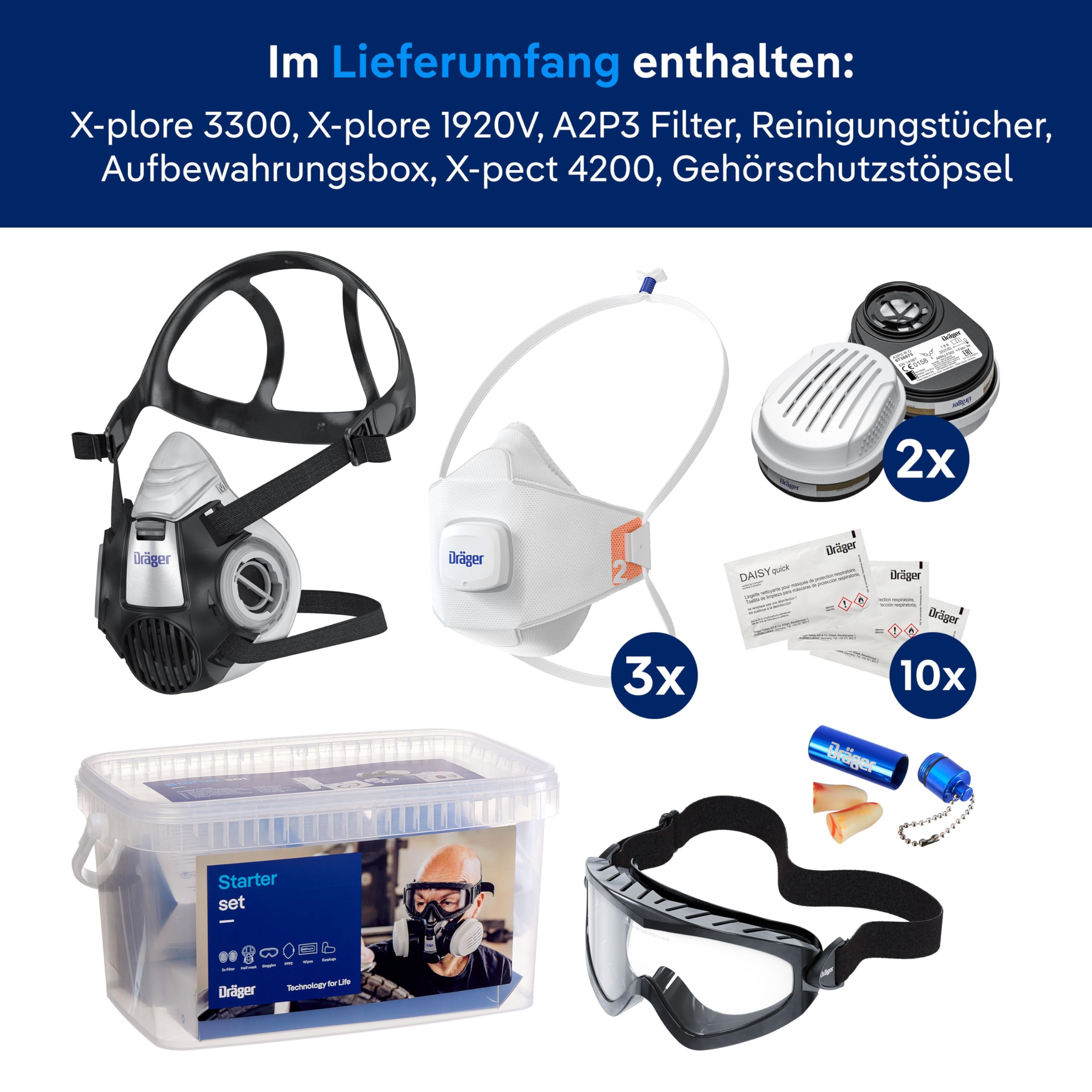 Dräger Atemschutz Starter Set | Halbmaske X-plore 3300 mit A2P3 Filter, FFP2 Masken, Schutzbrille & Gehörschutz - Komplettset für professionellen Atemschutz