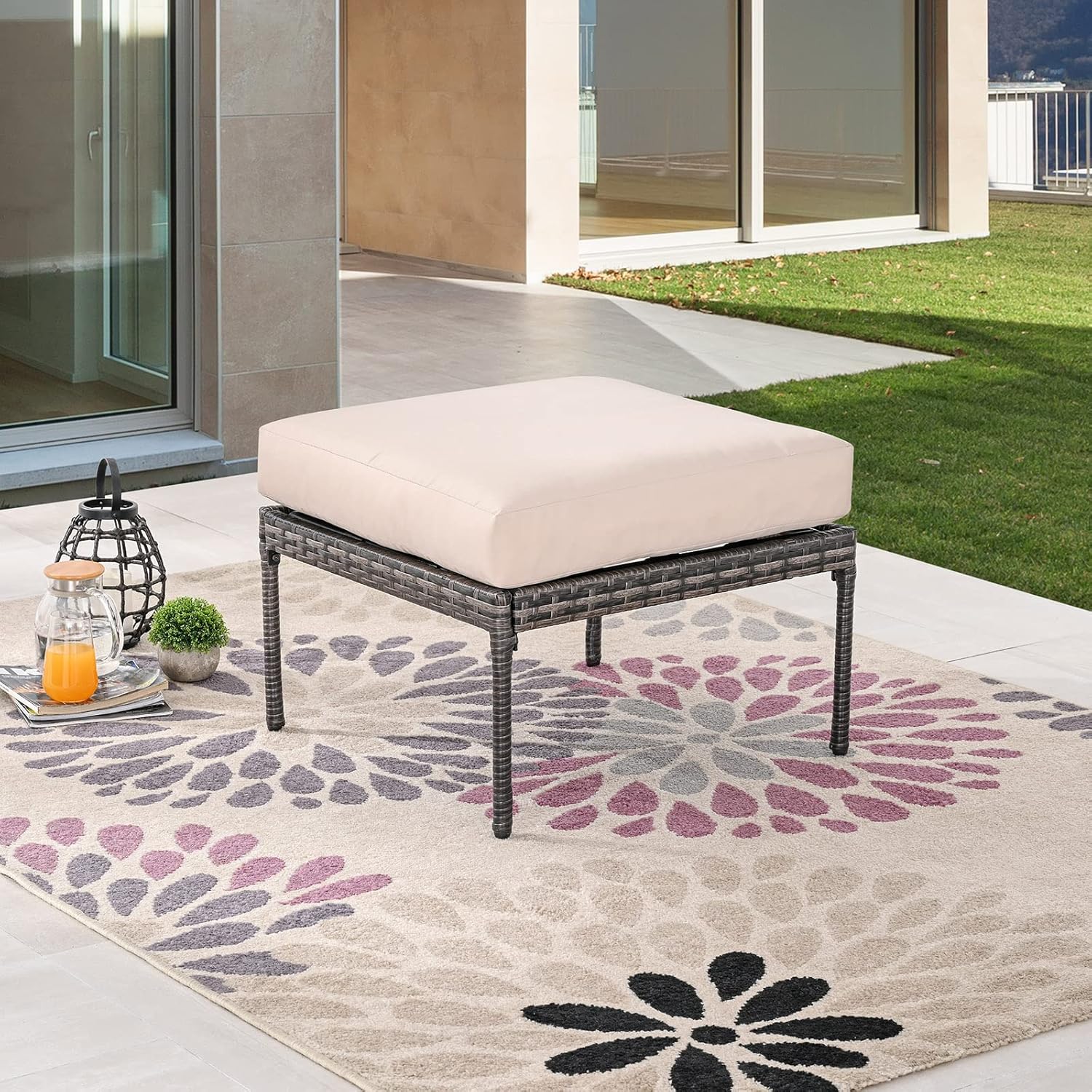 Festival Depot Patio Wicker Ottoman, All-Weather Rattan Sectional Square Footrest Outdoor Furniture with Metal Frame Removable Cushion for Garden Pool Backyard Lawn (Beige)