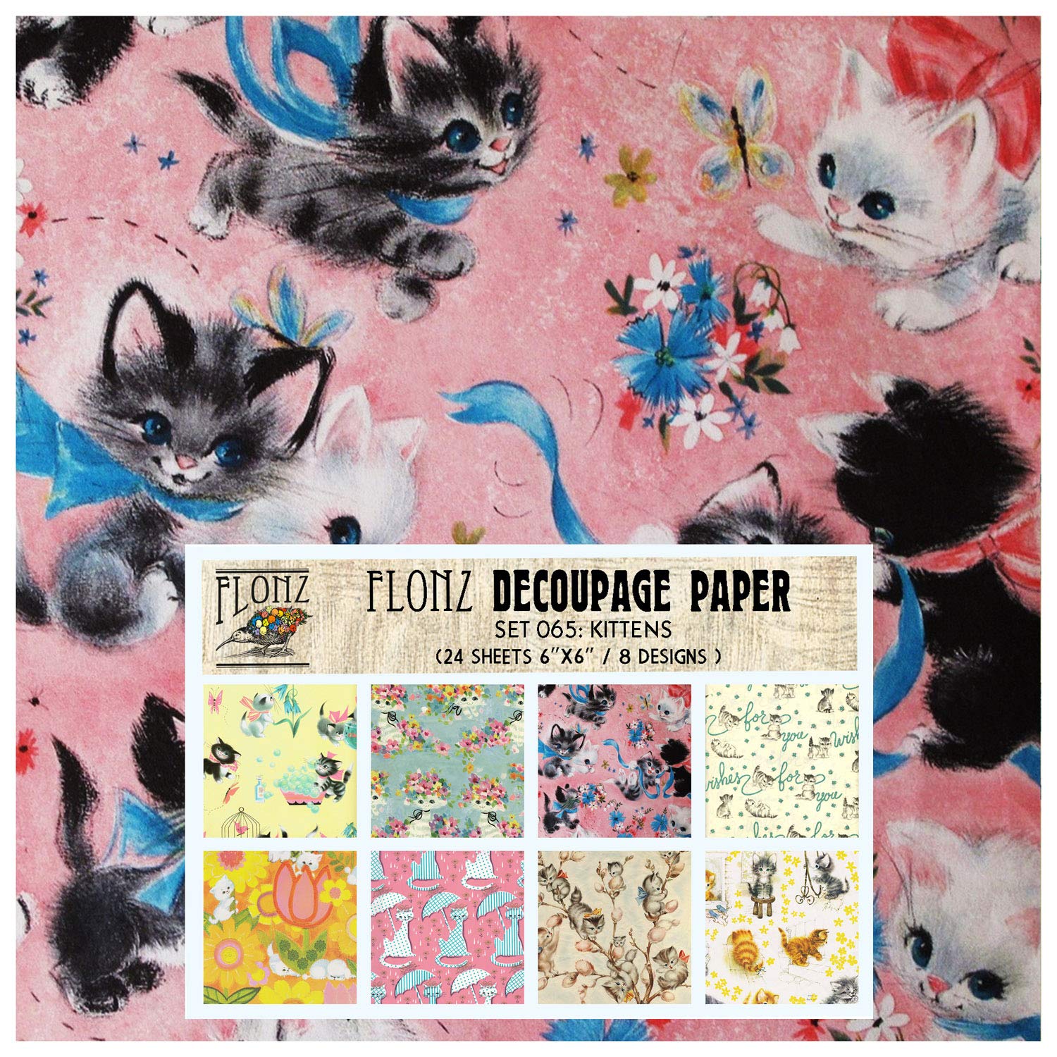 Decoupage Paper Pack (24 Sheets 6"x6") Patterns with Kittens FLONZ Vintage Styled Paper for Decoupage, Craft and Scrapbooking