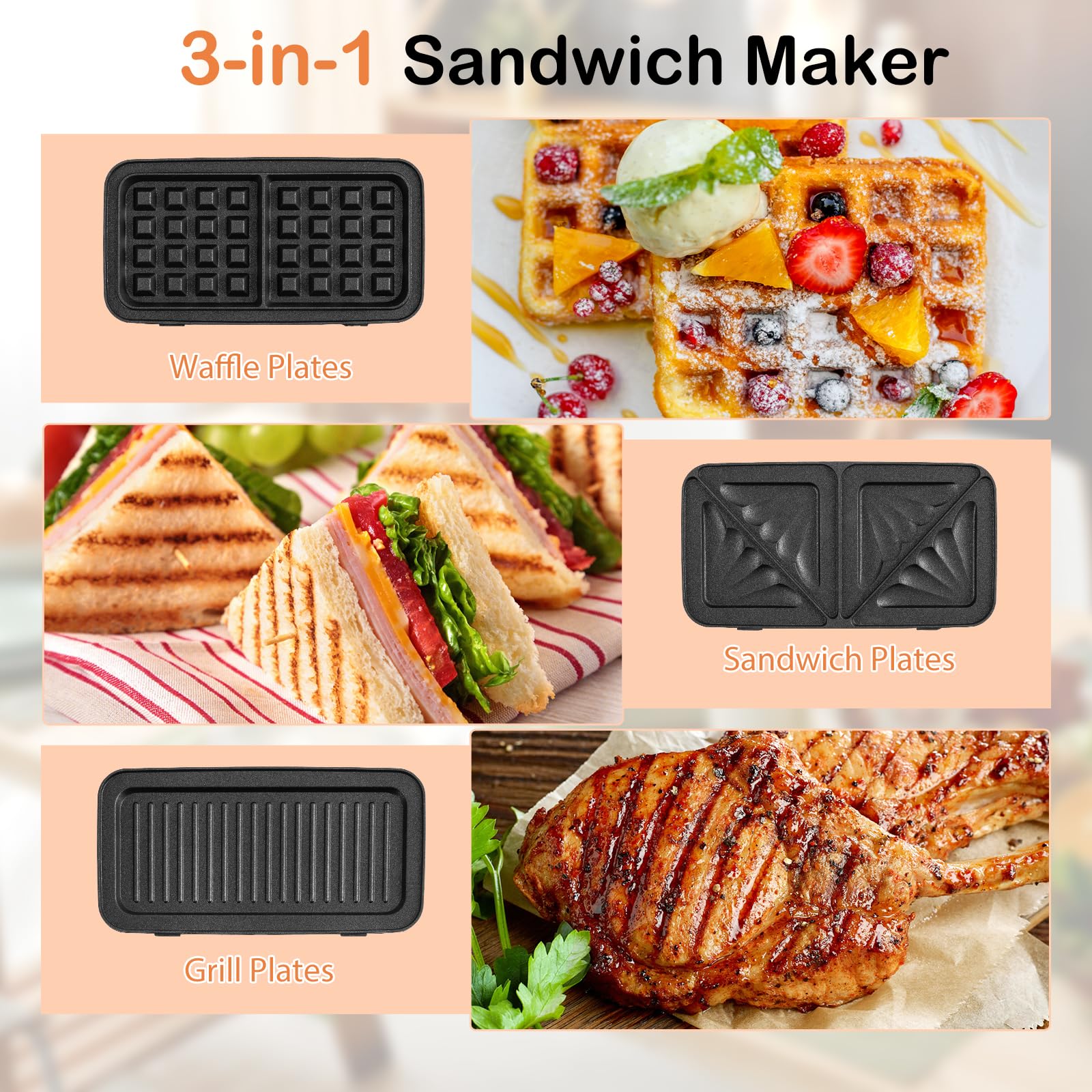 SOARS Sandwichera 3 en 1, 1200 W, máquina eléctrica Panini | 5 temperaturas ajustables, doble cara, parrilla extraíble y lavable, antisobrecalentamiento, color negro