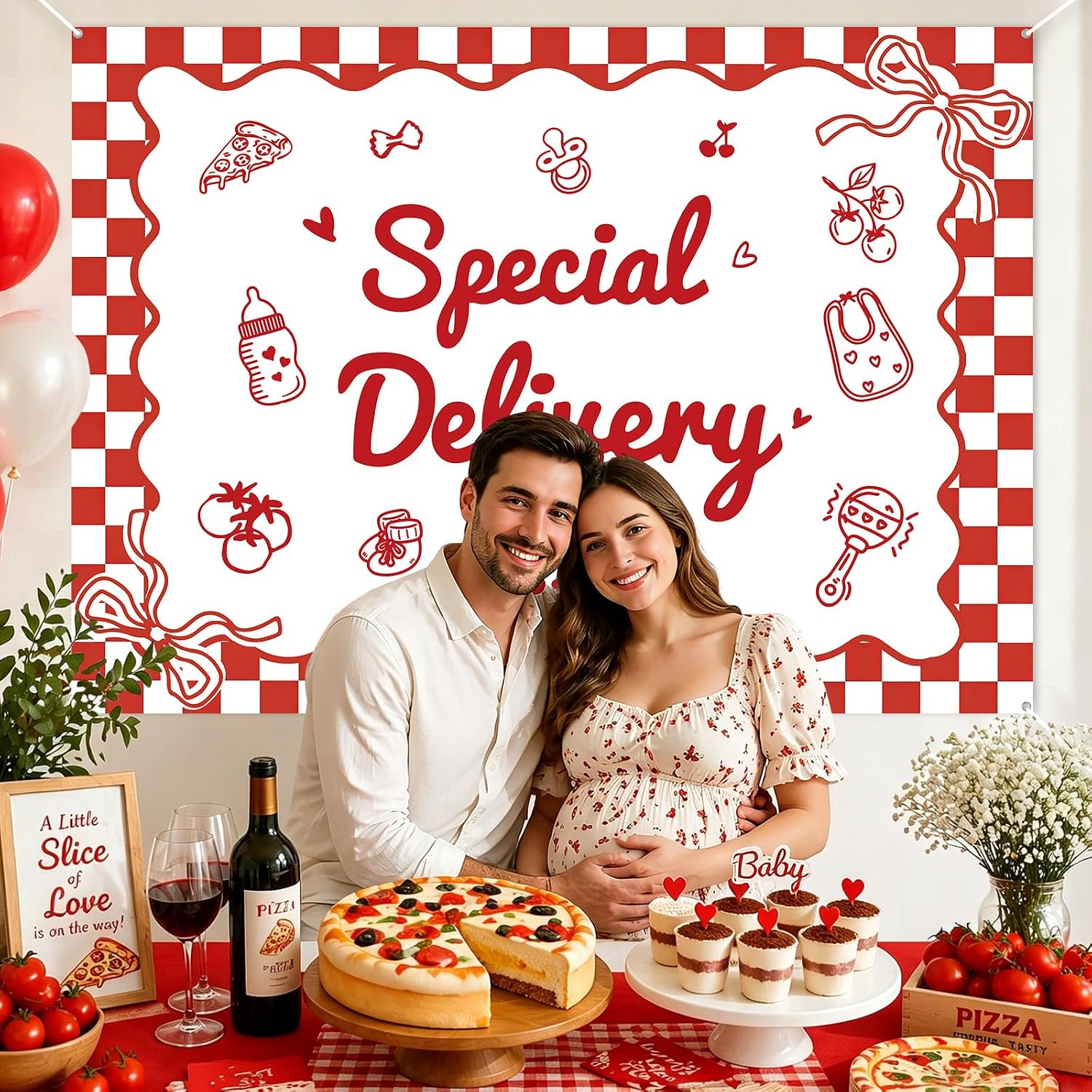 7x5ft Pizza Baby Shower Backdrop Pizza Themed Party Decoration Red White Checkered Photo Banner Italian Baby Shower Decor for Newborn Welcome First Birthday Photography Background Party Supplies
