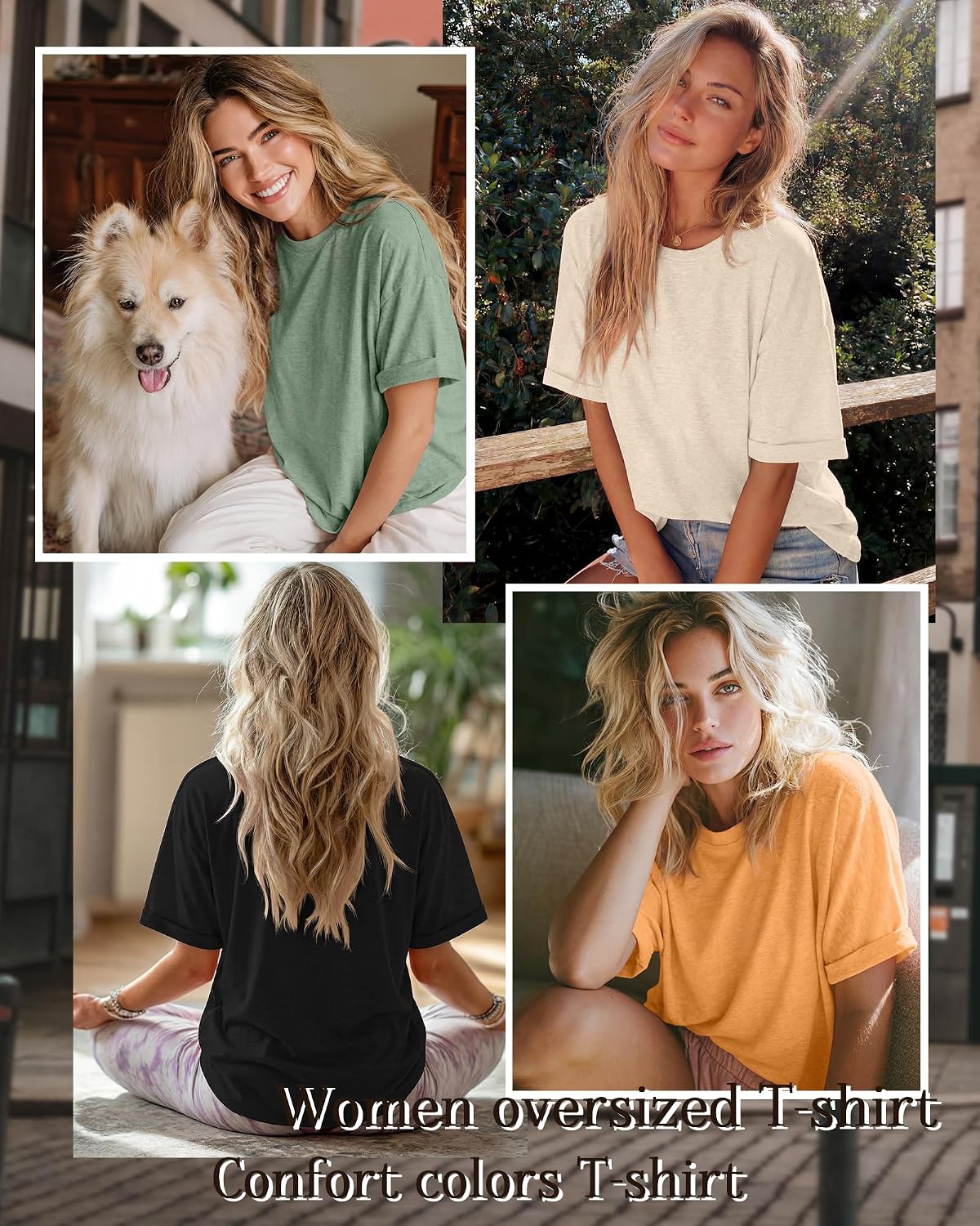 4 Pack Womens Oversized T Shirts Summer Casual Roll Up Short Sleeve Tops Crew Neck Loose Fit Basic Tee Clothes