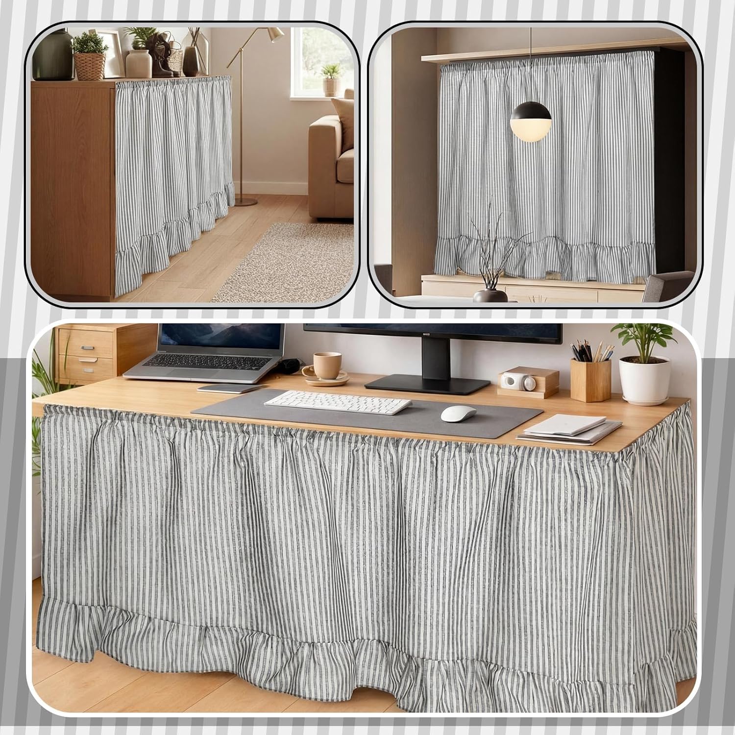VitalCozy Cabinet Curtain 28" W x 51" L Grey Ruffles Sink Skirt for Bathroom Kitchen Grey Strips Short Curtain for Home Classroom Drape Under Desk Privacy Drape for Laundry Room