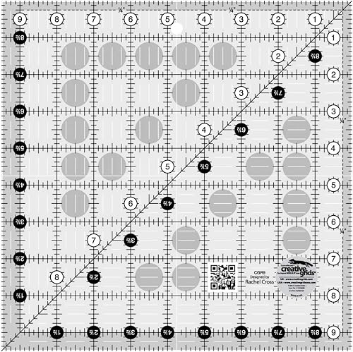 Creative Grids Quilt Ruler 9-1/2in x 9-1/2in Square – CGR9 – Made in USA, Non-Slip Grip Acrylic Quilting, Sewing, Crafting, Patchwork Ruler for Measuring & Cutting Fabric