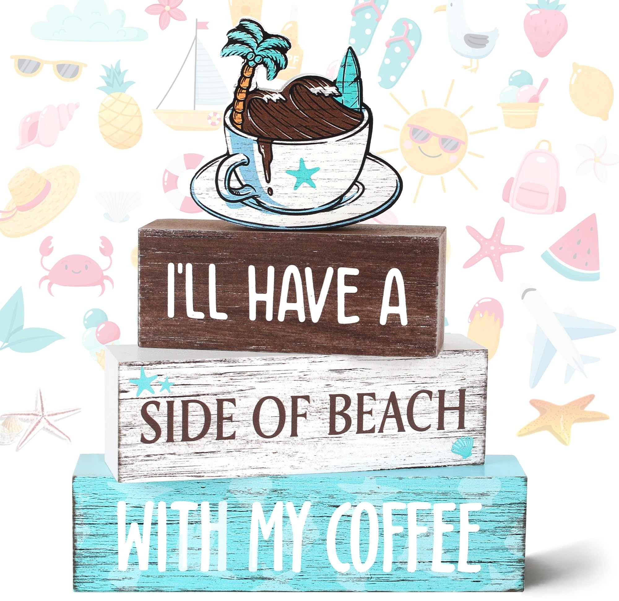 4 Pcs Summer Wooden Tiered Tray Decor, Coffee Beach Decorations