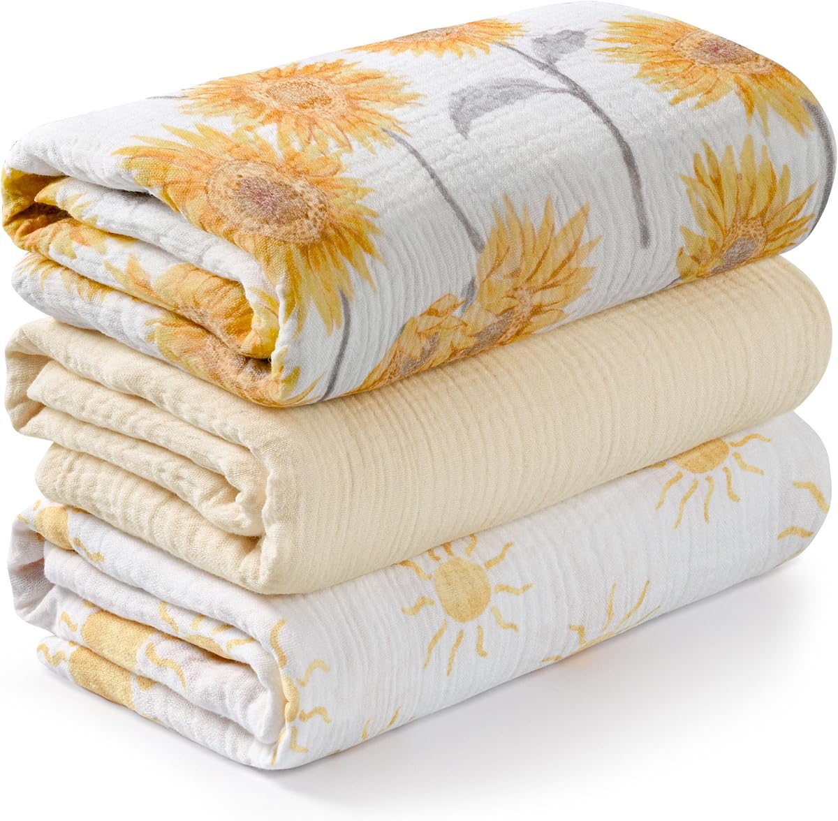 Mantas de muselina para recién nacido, paquete de 3 mantas de recepción suaves y transpirables, tamaño grande de 38 x 40 pulgadas, ropa para eructos, artículos esenciales para la ducha infantil, regalo para niños pequeños (girasol)