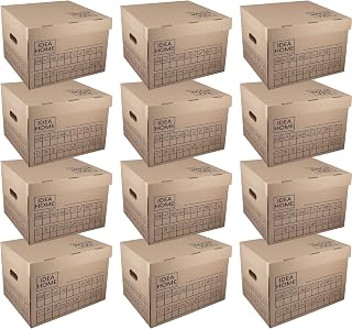Idea Home STOREA 12er Set Aufbewahrungsbox mit Deckel Pappkarton Griffe Archivbox inkl. Marker Umzugskarton Pappe Lagerbox Organisation Stapelbar