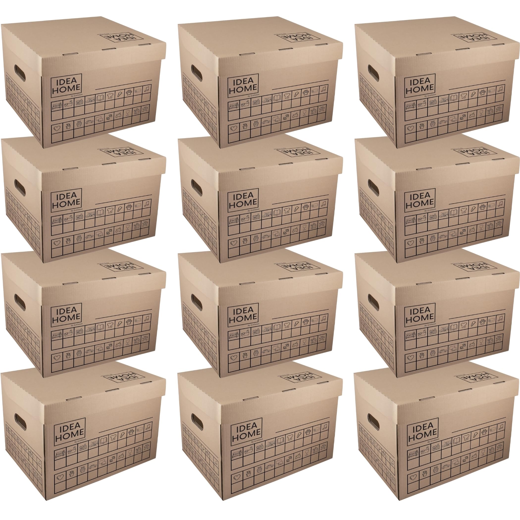 IDEA HOME STOREA 12 Pack Storage Boxes with Lids and Handles, Stackable Cardboard Archive Boxes with Marker, Moving Boxes for Home Office Organisation