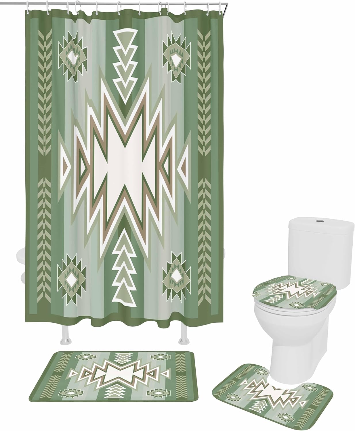 Sage Green Aztec Bathroom Set with Shower Curtain and Rug and Accessories - 36x72 Inches Long Stall Curtain Waterproof with Large Bath Mat,12 Hooks Boho Native American Southwest Farmhouse Mexican