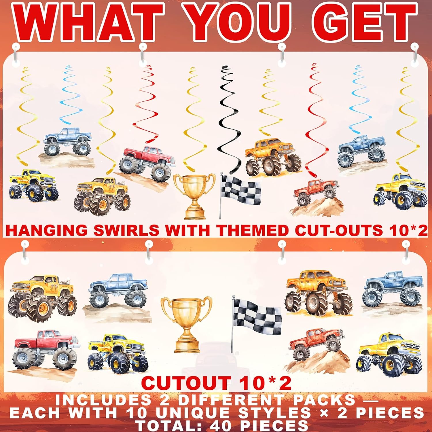 40 Pack Monster Truck Hanging Decorations – Off-Road Birthday Decorations for Boys, Monster Truck Party Supplies and Race Theme Decor