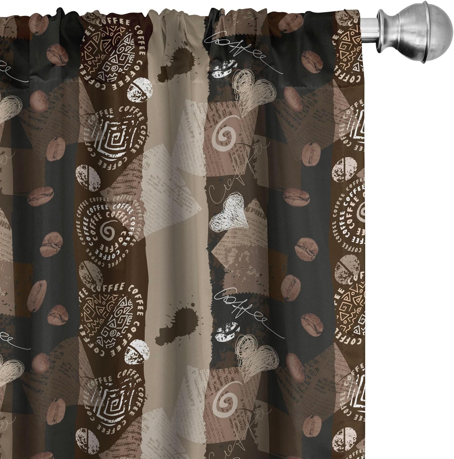 Ambesonne Brown Curtains, Coffee Typography Hearts and Beans on Abstract Striped Grungy Backdrop in Brown Tones, Window Treatments 2 Panel Set for Living Room Bedroom, Pair of - 28" x 95", Dark Brown