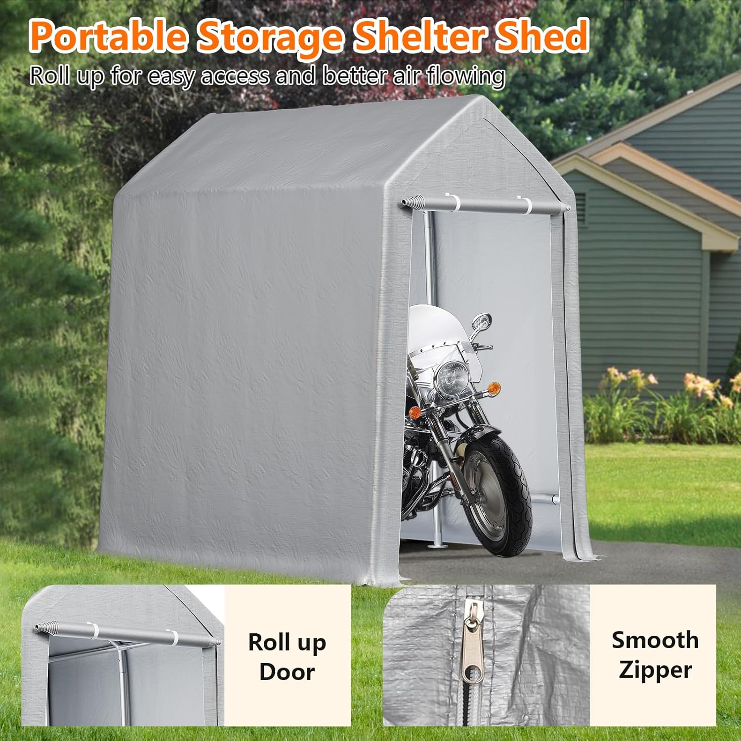 Ash 10'x10' Heavy Duty Outdoor Storage Shed - Roll-Up Zipper Door, Waterproof Design, Portable Structure, Versatile Use for Motorcycles, Bikes, and Garden Tools, Grey.