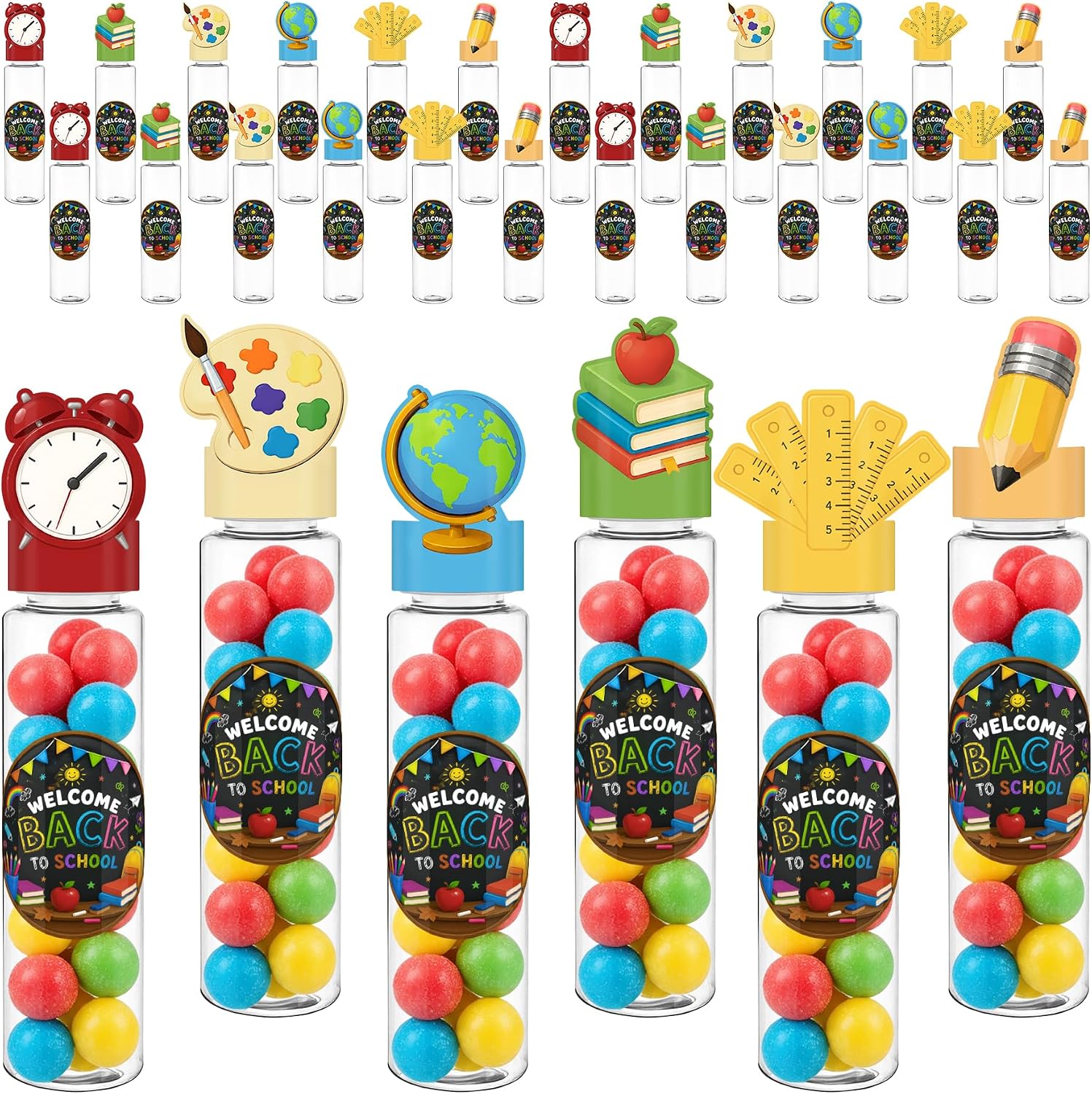 24 Set Back to School Candy Tubes Plastic First Day of School Party Favors Candy Boxes with Alarm clock, Ruler, Pencil, Globe Paintbrush Cap Stickers for Students Teacher DIY Party Decor Supplies