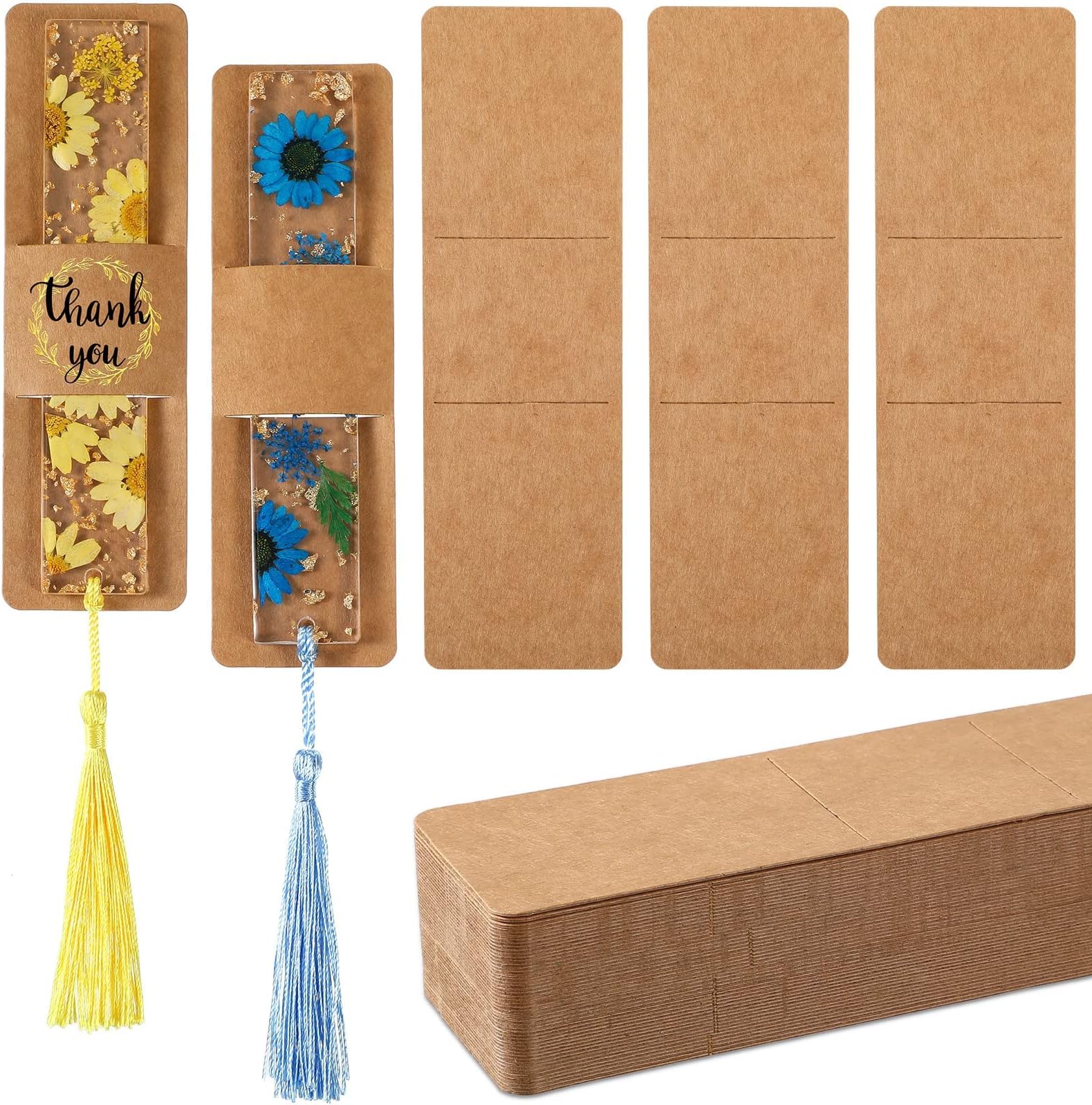 TERRIFI 70-Piece Resin Bookmark Holder - 15 x 4.5cm Kraft Sleeves, DIY Bookmark Display Cards for Small Business Packaging, Party Favors (Brown)
