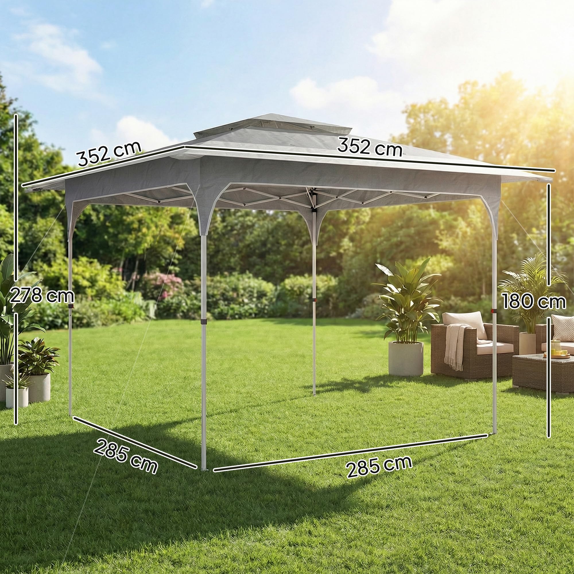 Outsunny Gazebo Pieghevole 3.5x3.5 m Pop Up Facile Montare con Pulsante Centrale, Gazebo da Giardino Altezza Regolabile con Tetto Doppio, Borsa da Trasporto, UV50+, per Esterno Feste, Grigio Scuro