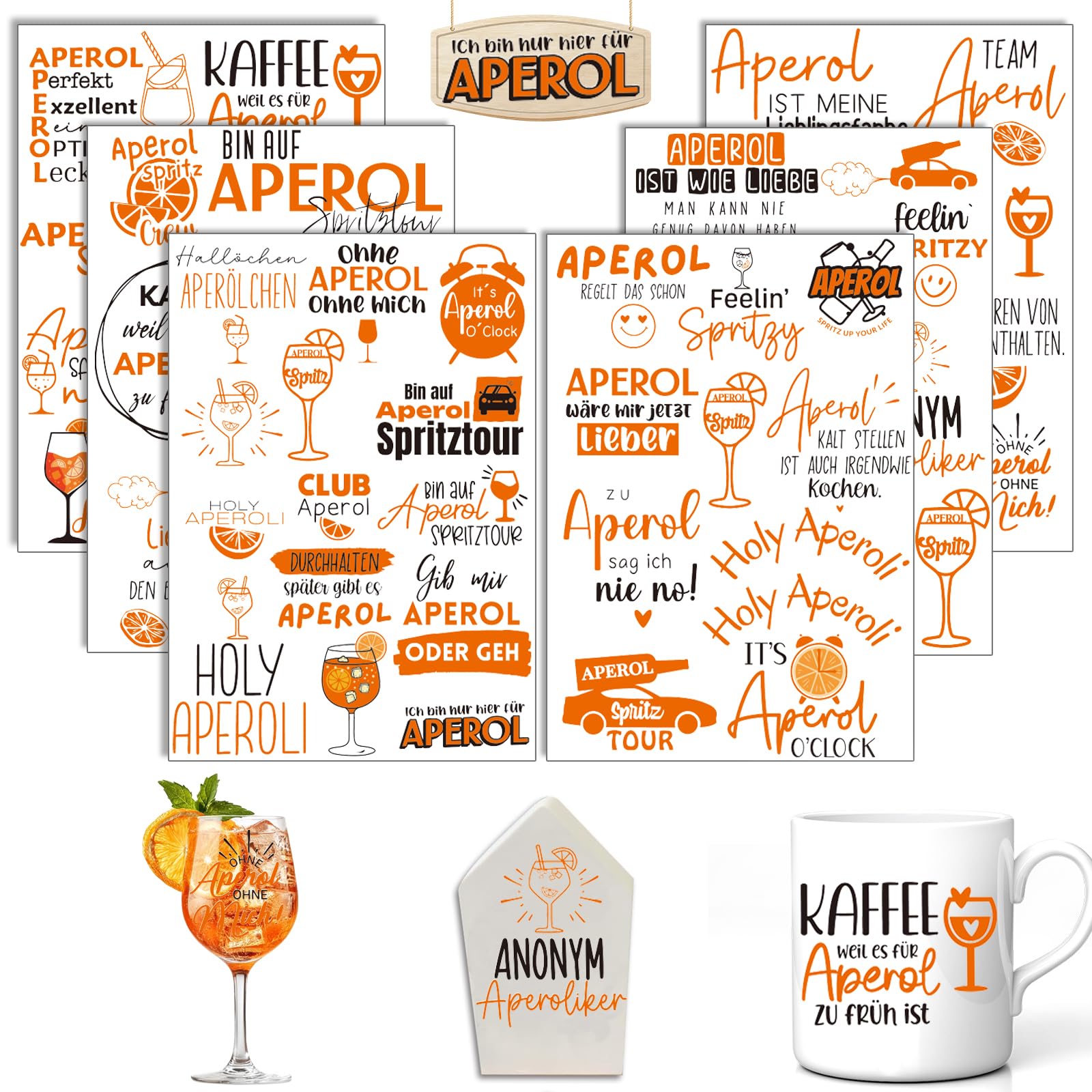 Rub On Sticker Aperol – 6x A5 Transferaufkleber für Raysin, Glas, Holz, Möbel – Sommerliche DIY Deko mit Sprüchen & Aperitif-Motiven