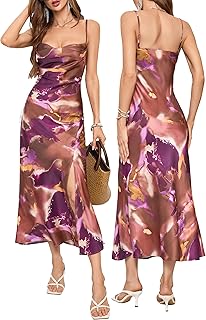 Women's Sleeveless Spaghetti Strap Satin Wedding Guest Party Dress Cowl Neck Backless Midi Formal Dresses - Buy now