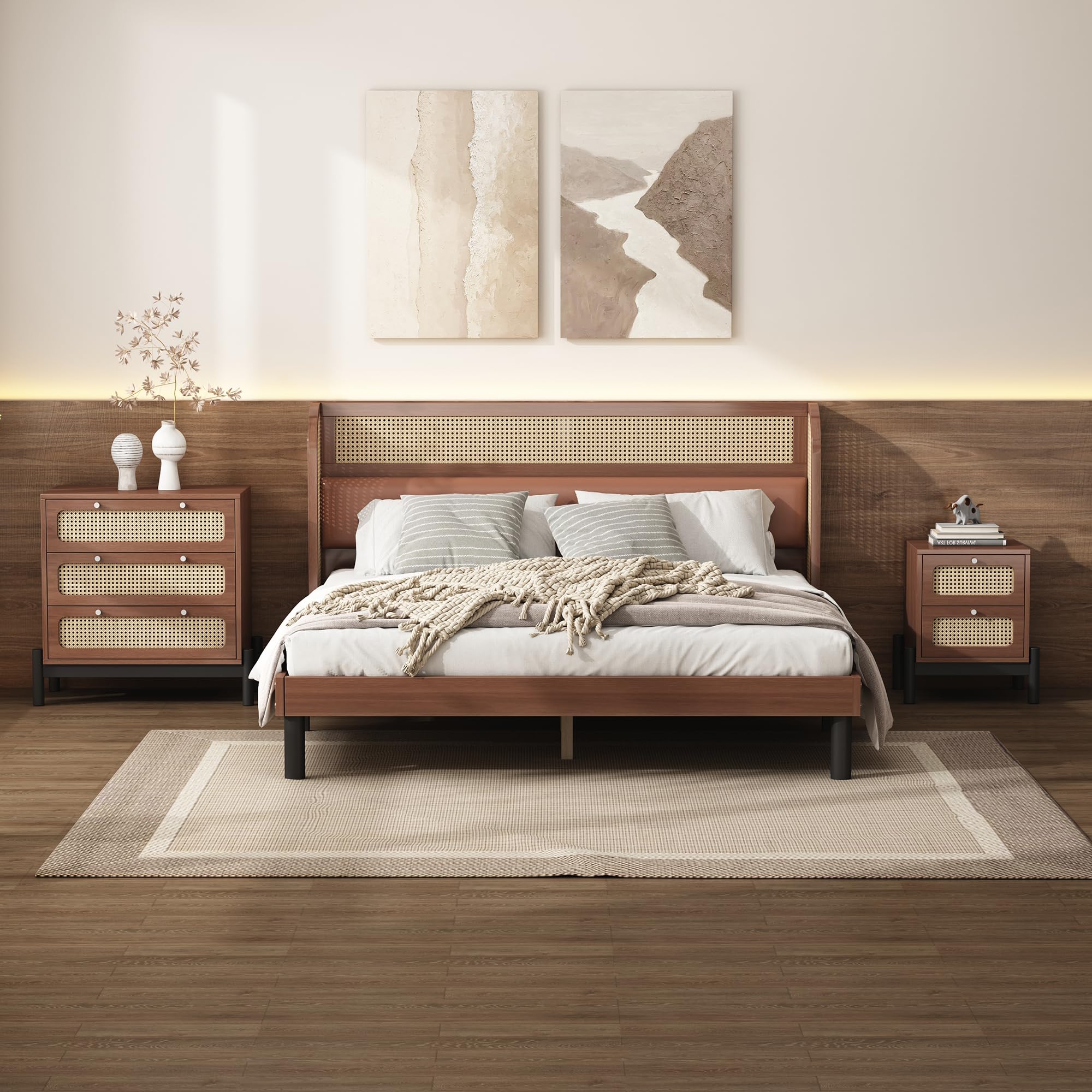 Set di 3 camere da letto complete, in rattan moderno, letto matrimoniale, comodino+cassettiera, 160 x 200 cm, letto matrimoniale con imbottitura in poliuretano e rattan, comodino con 2 cassetti,