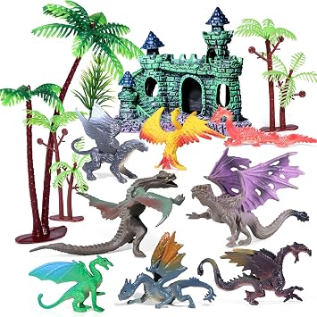 15Pcs Dragon Cake Decorations Medieval Plastic Mythical Figures | Castle Tree Toys Playset for Kids Birthday Baby Shower Halloween Fantasy Theme Party Supplies