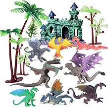 15Pcs Dragon Cake Decorations, Medieval Plastic Dragon Figures with Castle Tree Toys Playset for Kids Birthday Baby Shower Halloween Fantasy Theme Party Supplies