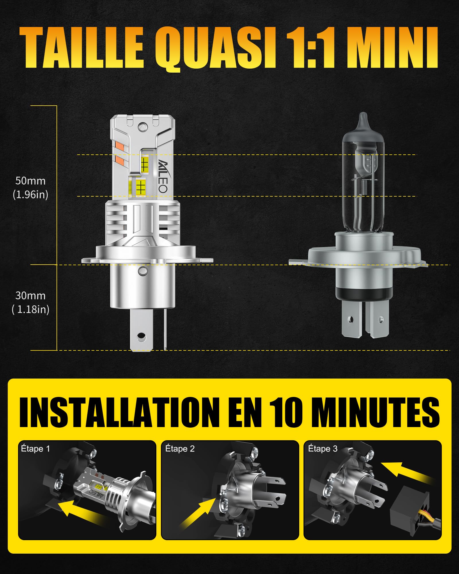 Ampoules LED H4 9003 6500K, Faisceau 1:1, Plug & Play, Lot de 2