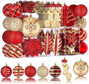Alupssuc 96pcs Christmas Tree Ornaments Set, Plastic Shatterproof Hanging Baubles for Xmas Tree Decor, Holiday Balls Decorations with a Forest Theme and Animal Designs in Red & Gold