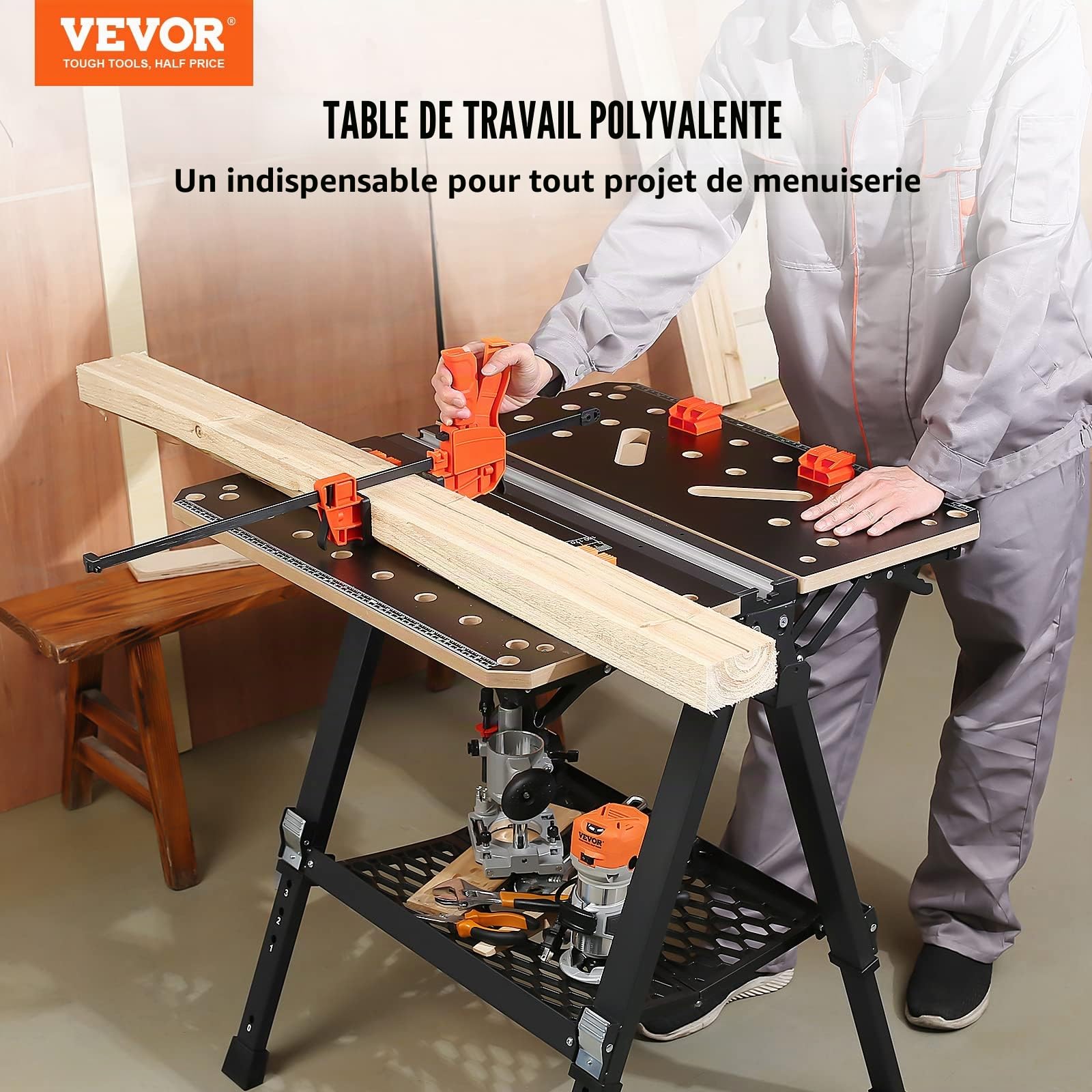 VEVOR Établi Pliant 2 en 1 Table de Travail Utilisable comme Chevalet Scie Charge 454 kg 7 Hauteurs Réglables Pieds Acier Support Outils Pince Rapide 4 Griffes Serrage 2 Crochets pour Garage Atelier
