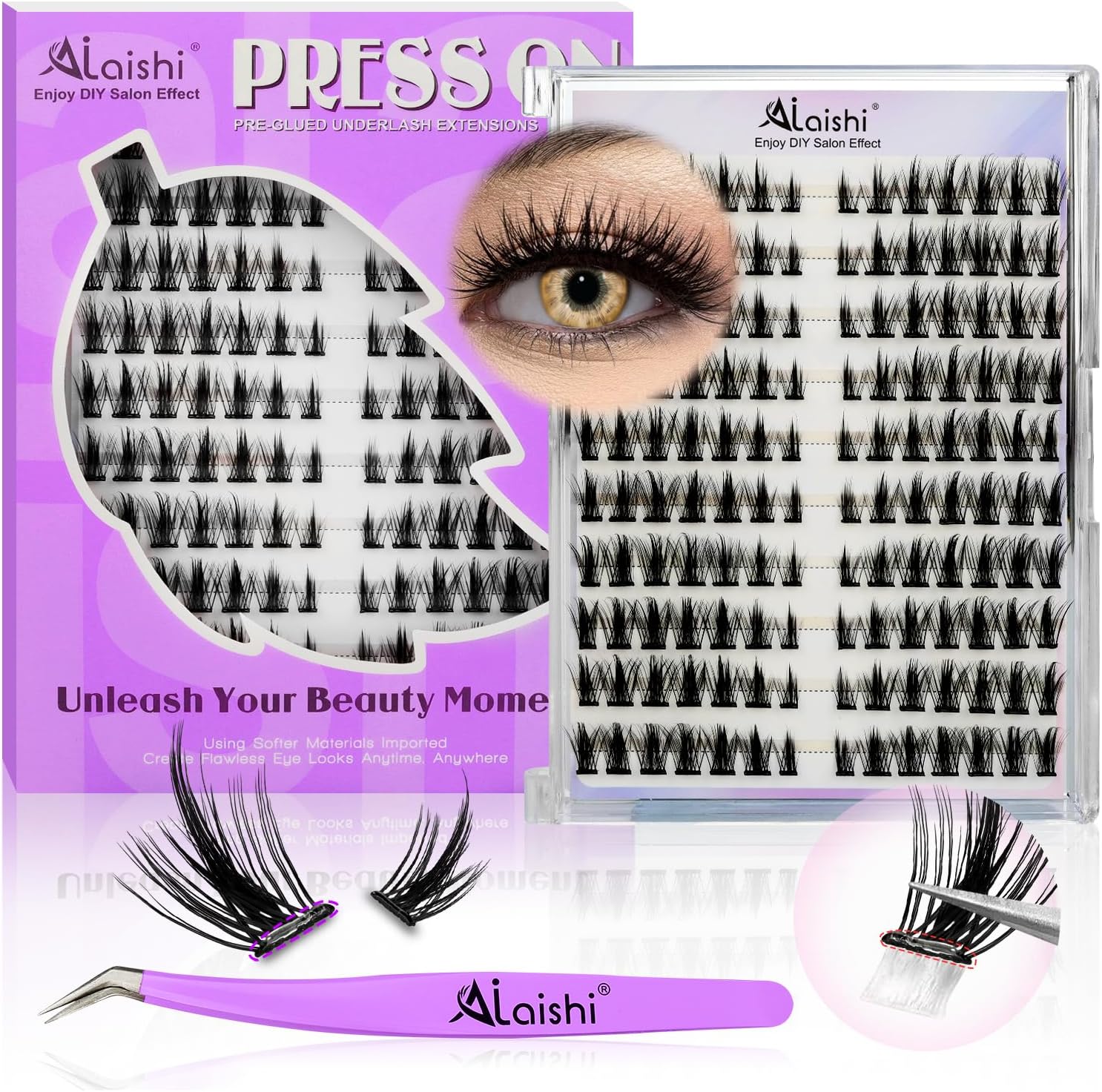 No Glue Needed Lashes, Self Adhesive Eyelashes, DIY Lash Cluster Eyelash Extensions Kit 10‑18mm,140pcs Fluffy D Curl Soft Natural Lashes with Tweezers–Fake Cat Eye Wispy Individual Clusters(NG LLB1)