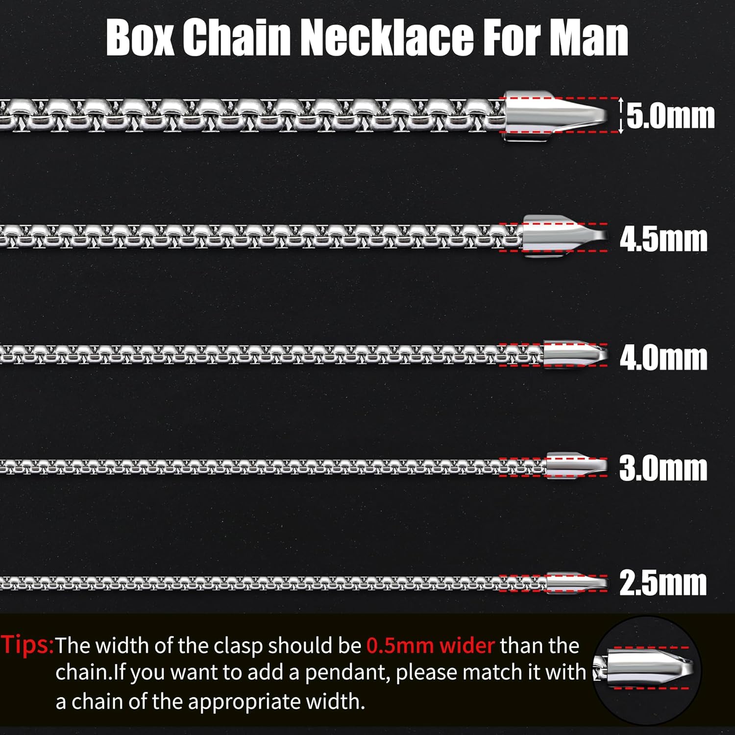 Fiusem Box Chain for Men, Silver Tone/14K Gold Plated/Black Stainless Steel Necklace for Men and Women, Width 2/2.5/3/4/5mm, Length 18-28 Inches - Image 5