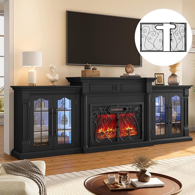 104" Fireplace TV Stand with Metal Screen, 3-in-1 Modular: Mantel +Cabinets