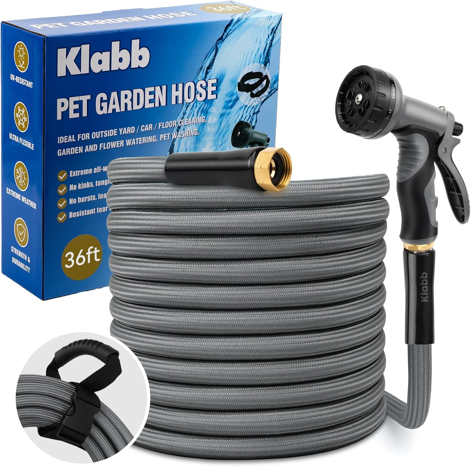 KLABB 36FT Garden Hose 5/8" with Solid Brass Connectors & 10-Function Nozzle, Lightweight Flexible PET Steel Hose with Adjustable Straps, No-Kink, Rustproof & Leak-Free for Garden & Outdoor Cleaning