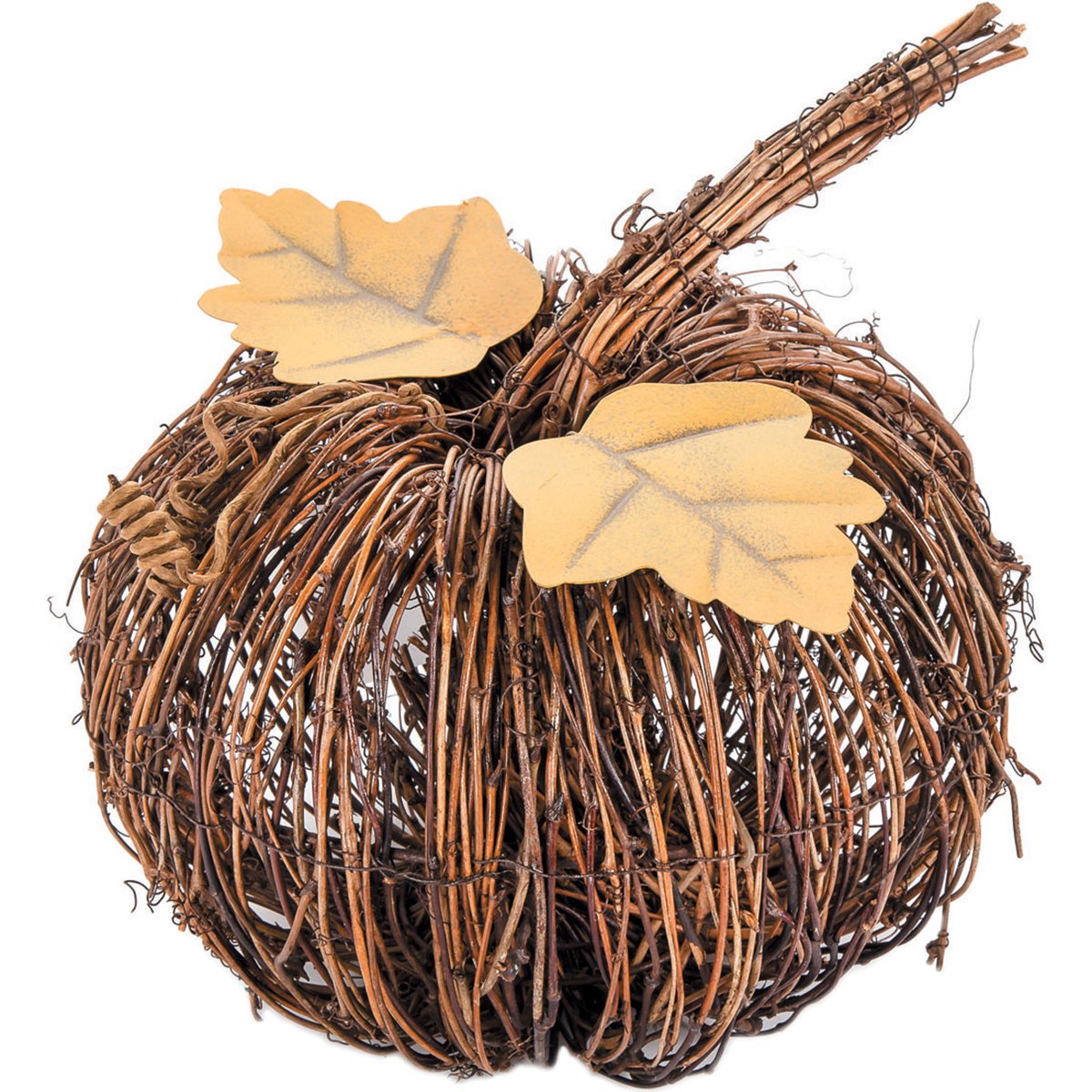 Darice Twig Pumpkin with Metal Leaves, 10-Inch, Natural