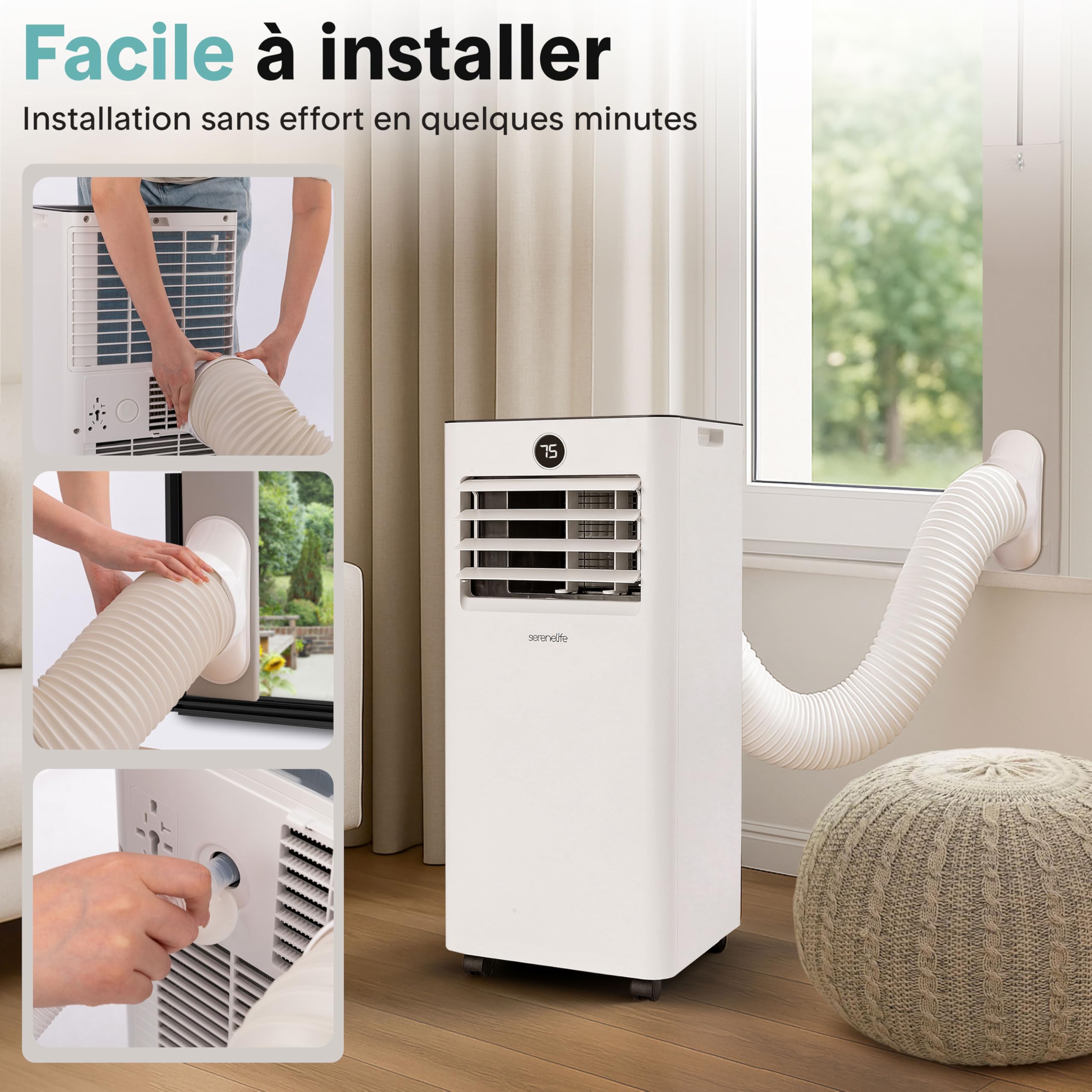 SereneLife Climatiseur Portable 9000 BTU WiFi, Climatiseur Mobile Compact avec Télécommande – Clim 3-en-1 Rafraichisseur d’Air Ventilateur, Kit Fenêtre pour Maison Bureau