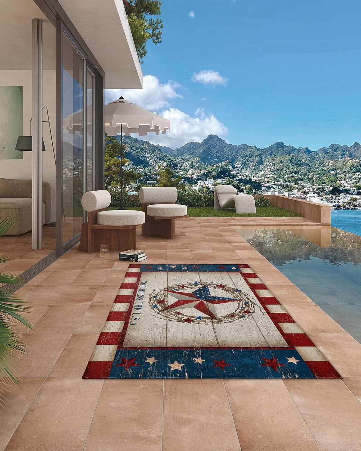 Outdoor Patio Rugs Rustic Star American Flag Stripes Outdoor Area Rug Wood Grain Non-Slip Backyard/Camping RV Rug/Deck/Porch Rug Front Door Floor Mat Carpet,5x8ft,
