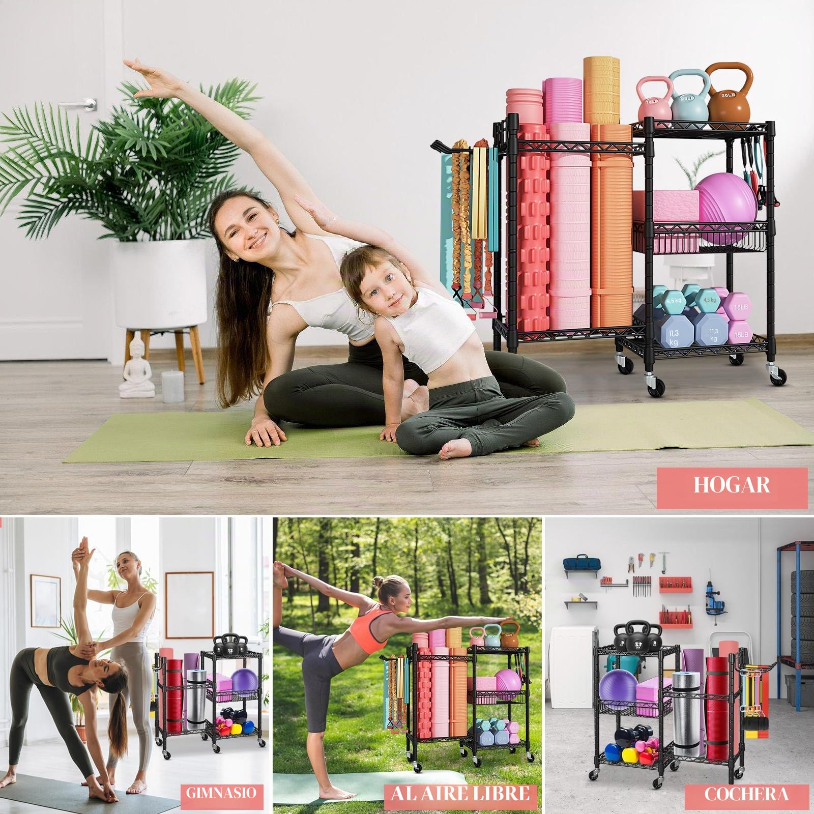 Estantería Fitness de 3 Niveles con Ruedas Bloqueables y Ganchos – Organizador de Acero al Carbono para Mancuernas, Esterillas de Yoga y Bandas de Resistencia, Capacidad 120 KG